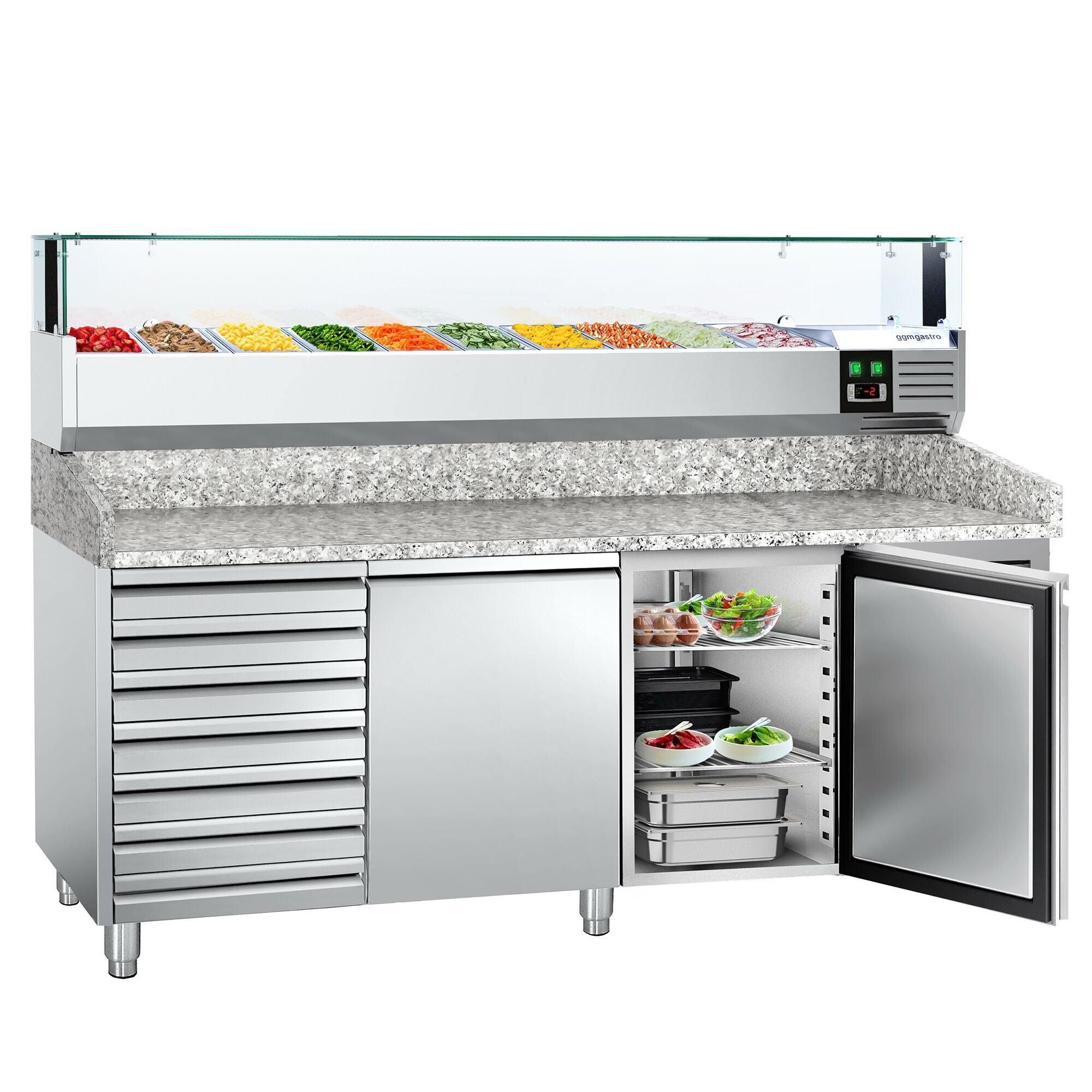 Table réfrigérée pour pizza PREMIUM - 2000 x 800 mm - avec 2 portes & 7 tiroirs - incl. vitrine réfrigérée avec LED - 10 x GN 1/4