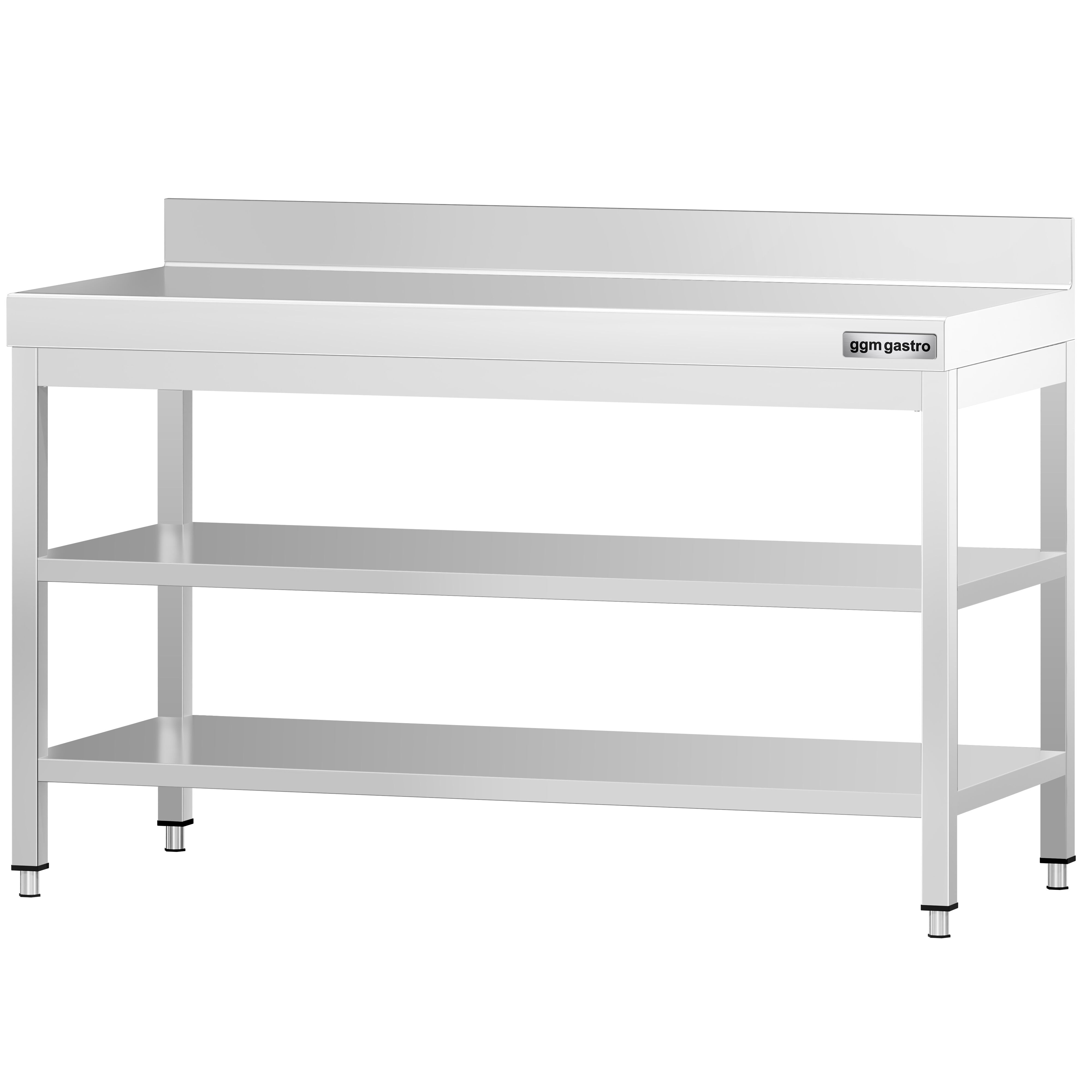 Table de travail inox PREMIUM - 1400 x 800 mm - avec tablette inférieure, Dosseret & Tablette intermédiaire