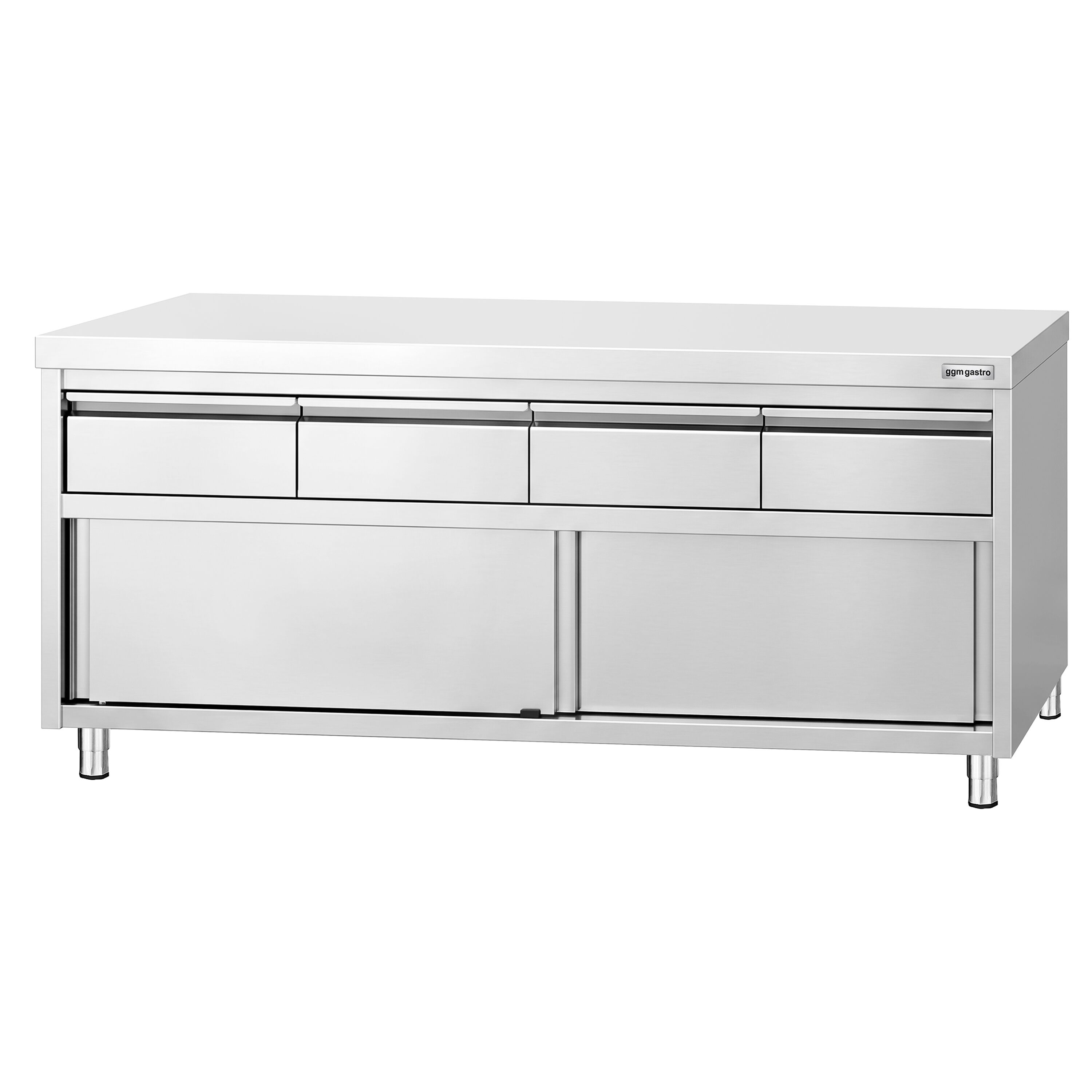 Armoire de travail en acier inoxydable PREMIUM - 2000 x 600 mm - avec 4 tiroirs et une porte coulissante