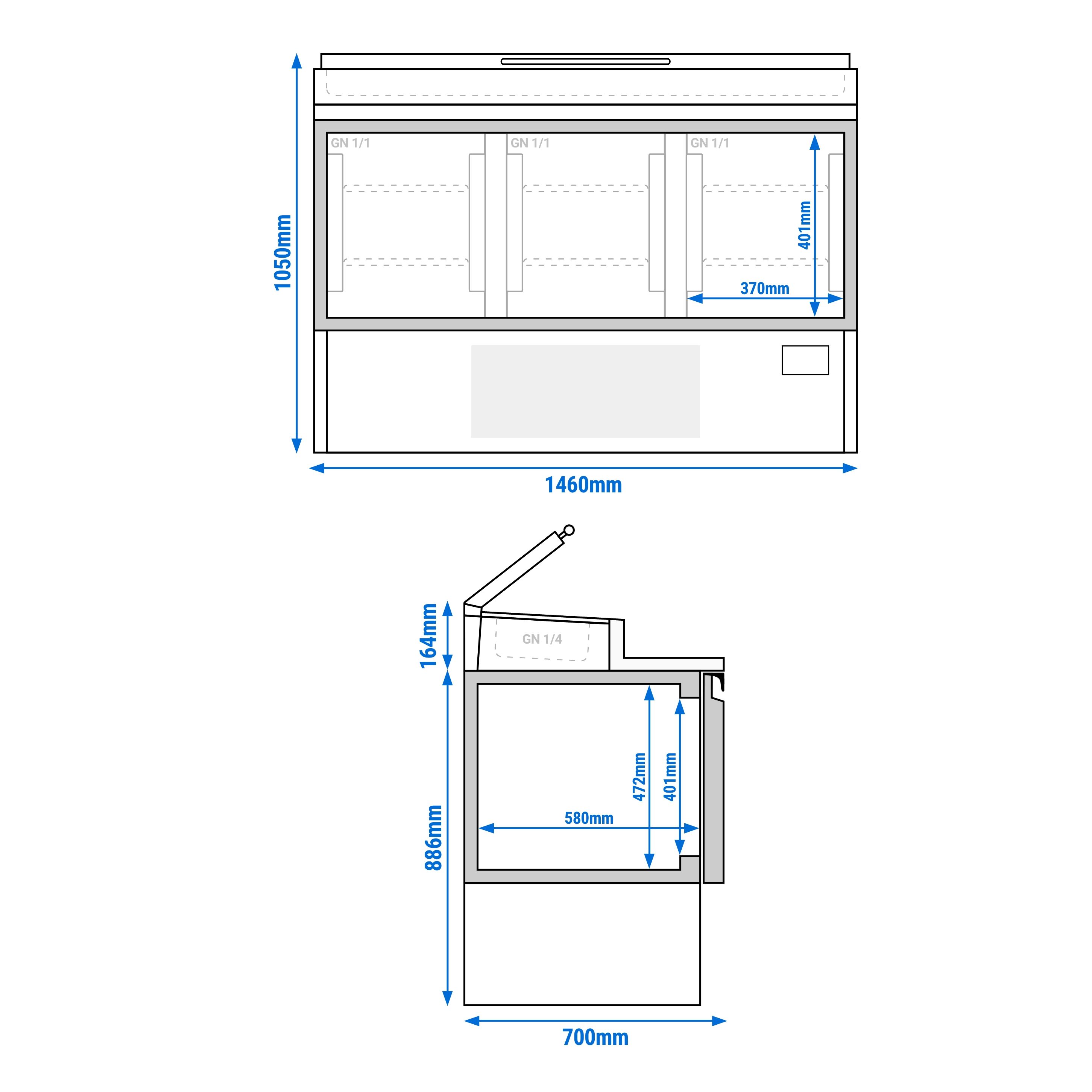 Table réfrigérée de préparation Mini - 1460 x 700 mm - avec 3 portes - superstructure en inox 8x GN 1/4