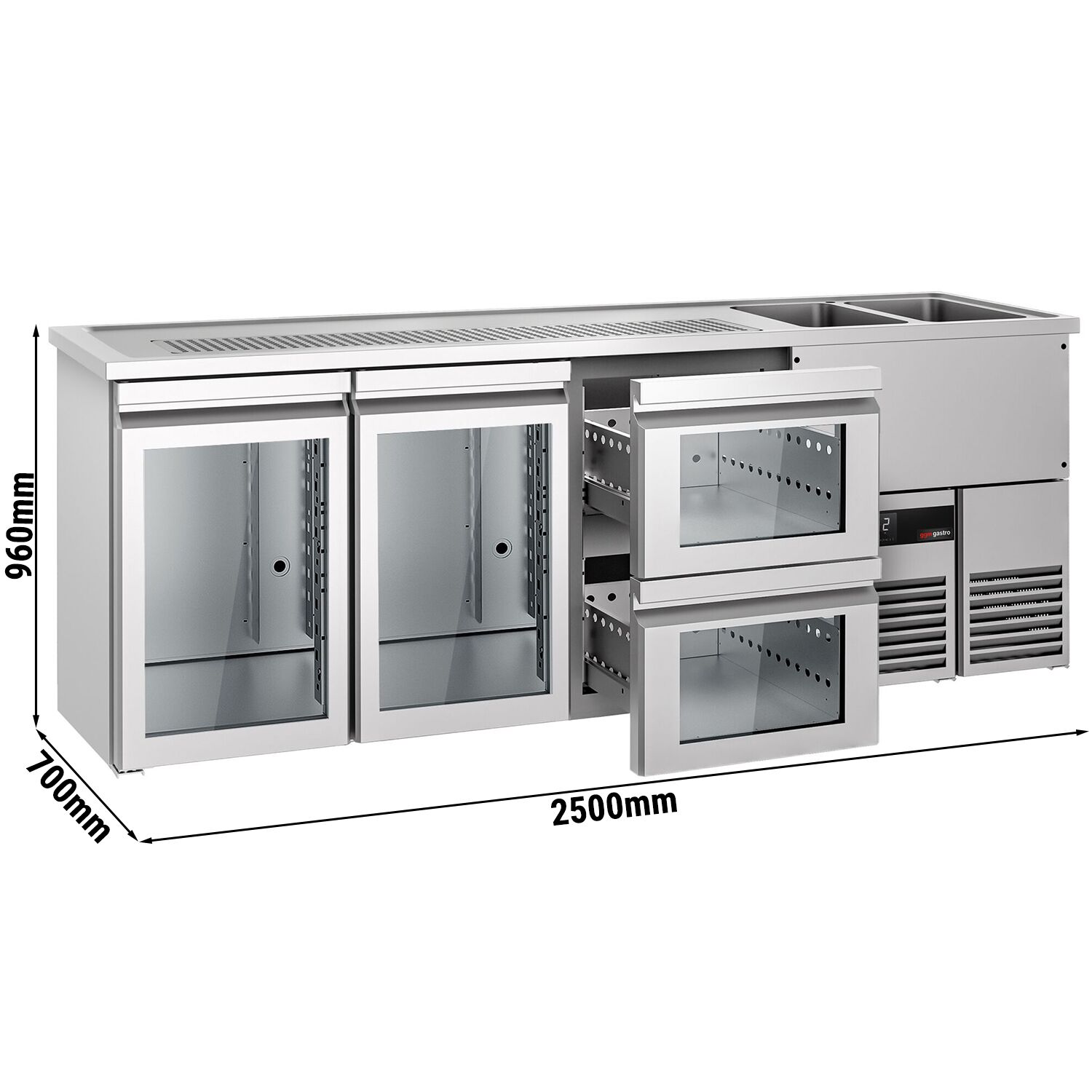 Comptoir de bar réfrigéré PREMIUM - 2500x700mm - 2 portes vitrées & 2 tiroirs en verre