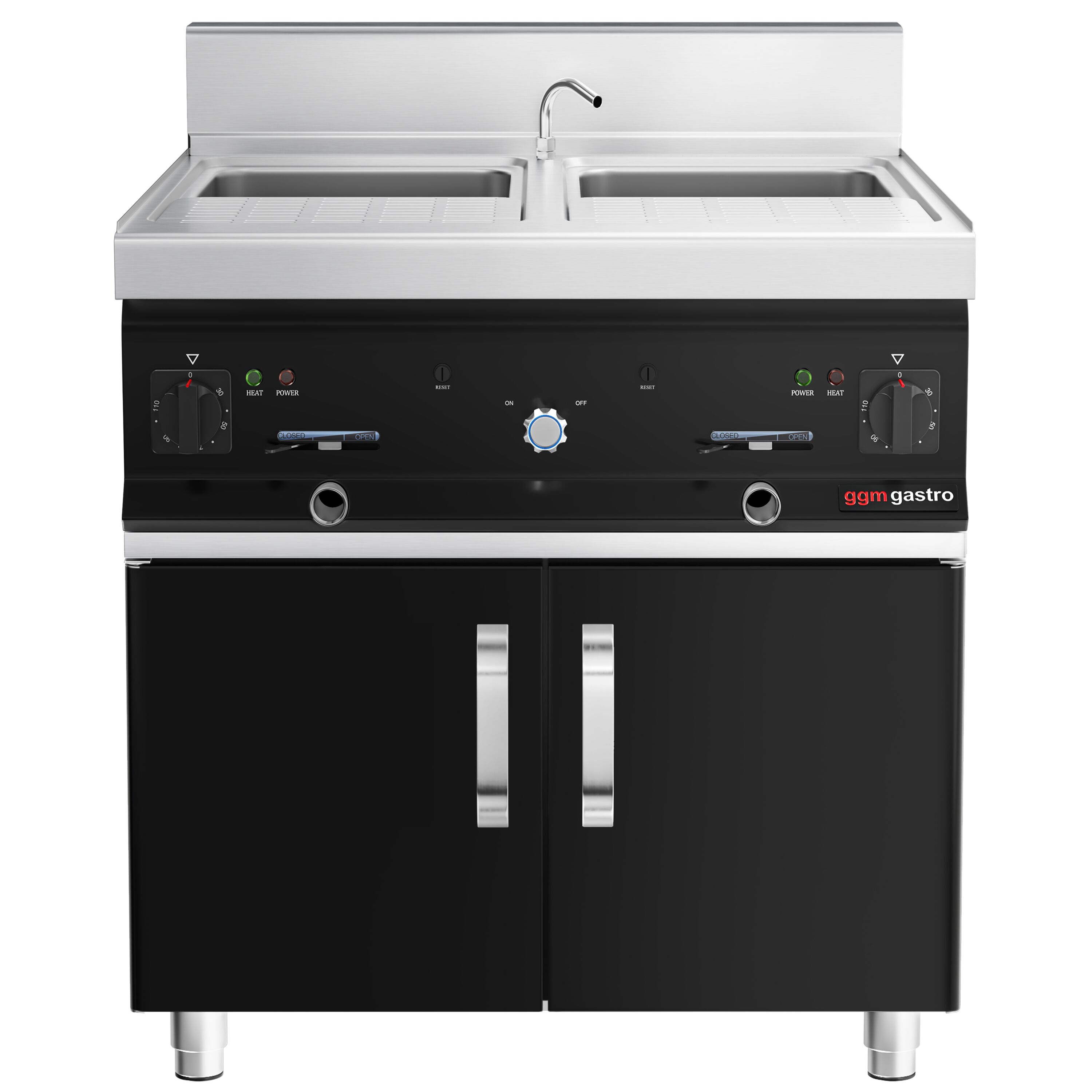 Cuiseur à pâtes électrique avec robinet – 2 × 26 L – 12 kW – incl. soubassement avec 2 portes