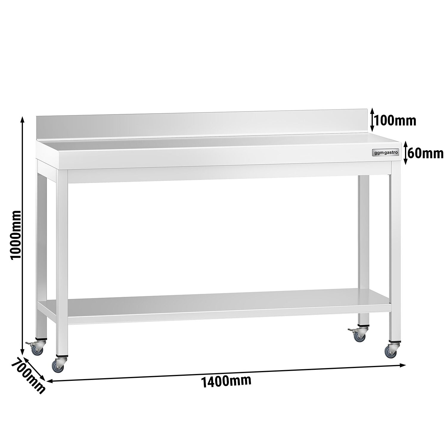 Table de travail en inox PREMIUM - 1400 x 700 mm - avec tablette inférieure, dosseret et roulettes