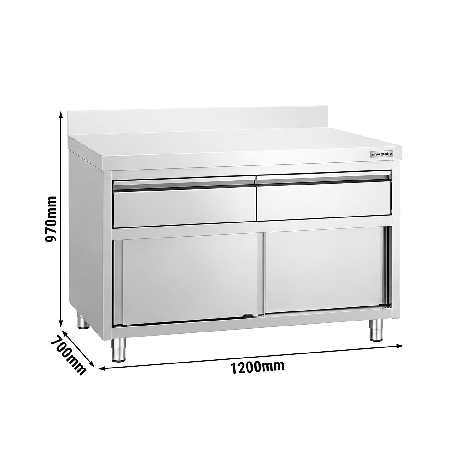 Roestvrijstalen werkkast PREMIUM - 1200 x 700 mm - met 2 lades en opstaande rand