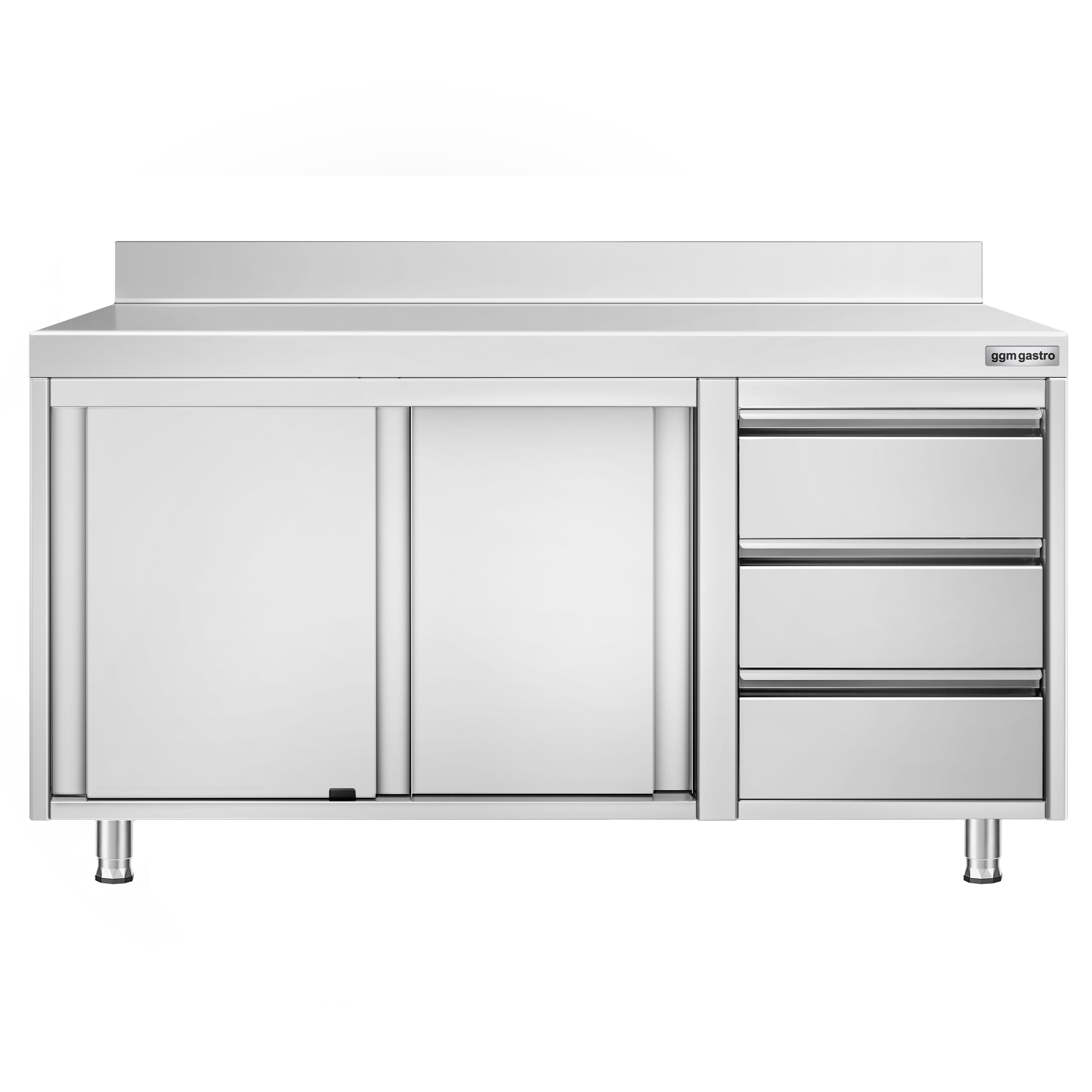 Table armoire en acier inoxydable PREMIUM - 1400x600mm - avec 3 tiroirs à droite et portes coulissantes - avec dosseret