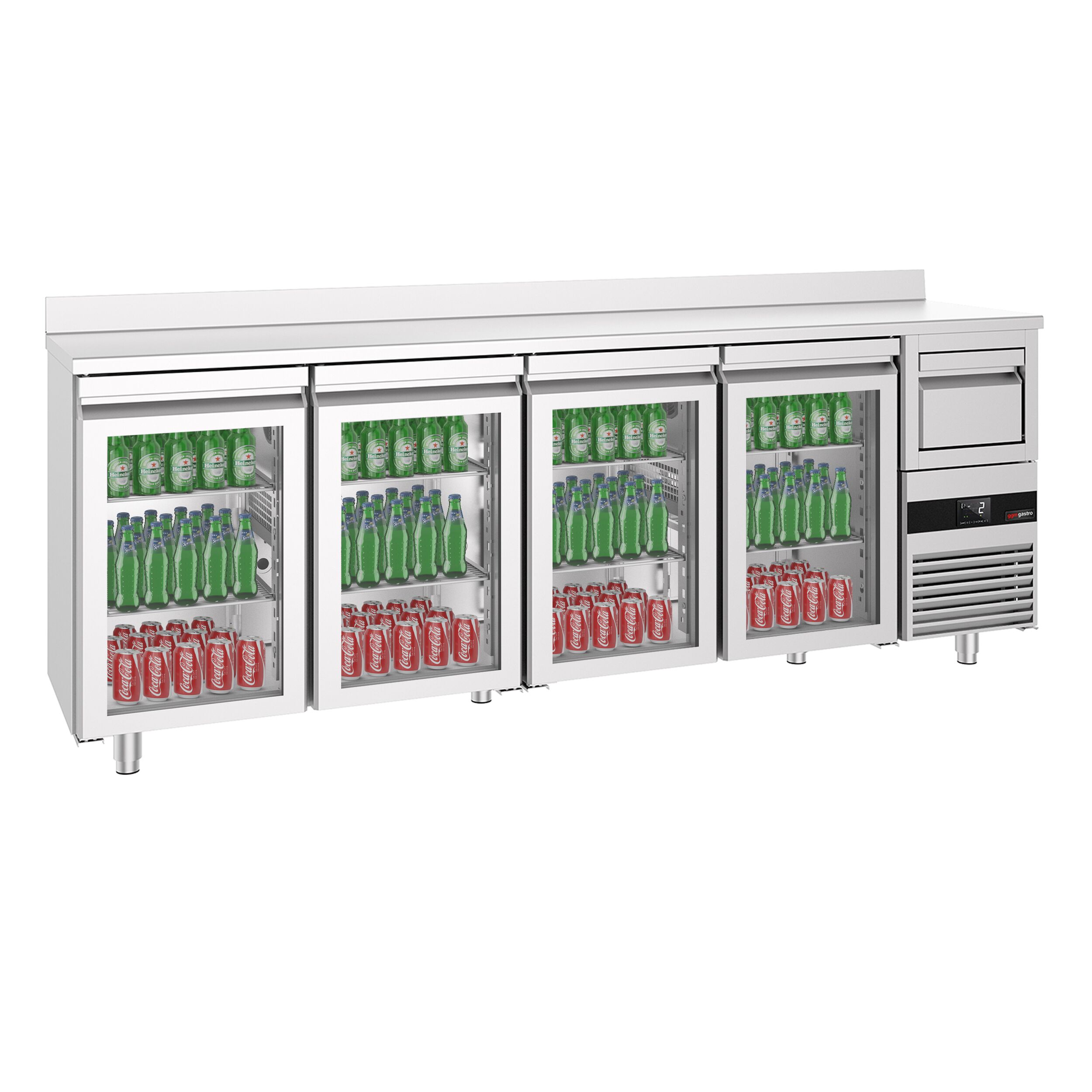 Commercial Back Bar Bottle Cooler PREMIUM - 2690x600mm - 710L - with 4 Hinged Glass Doors, upstand & knock box for coffee