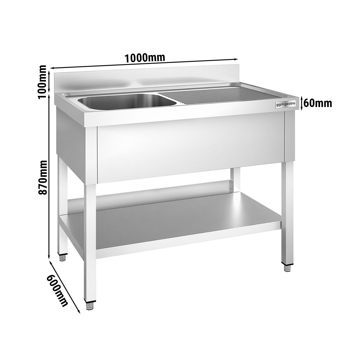 Plonge en inox PREMIUM - 1000x600mm - avec étagère basse - 1 bac à gauche