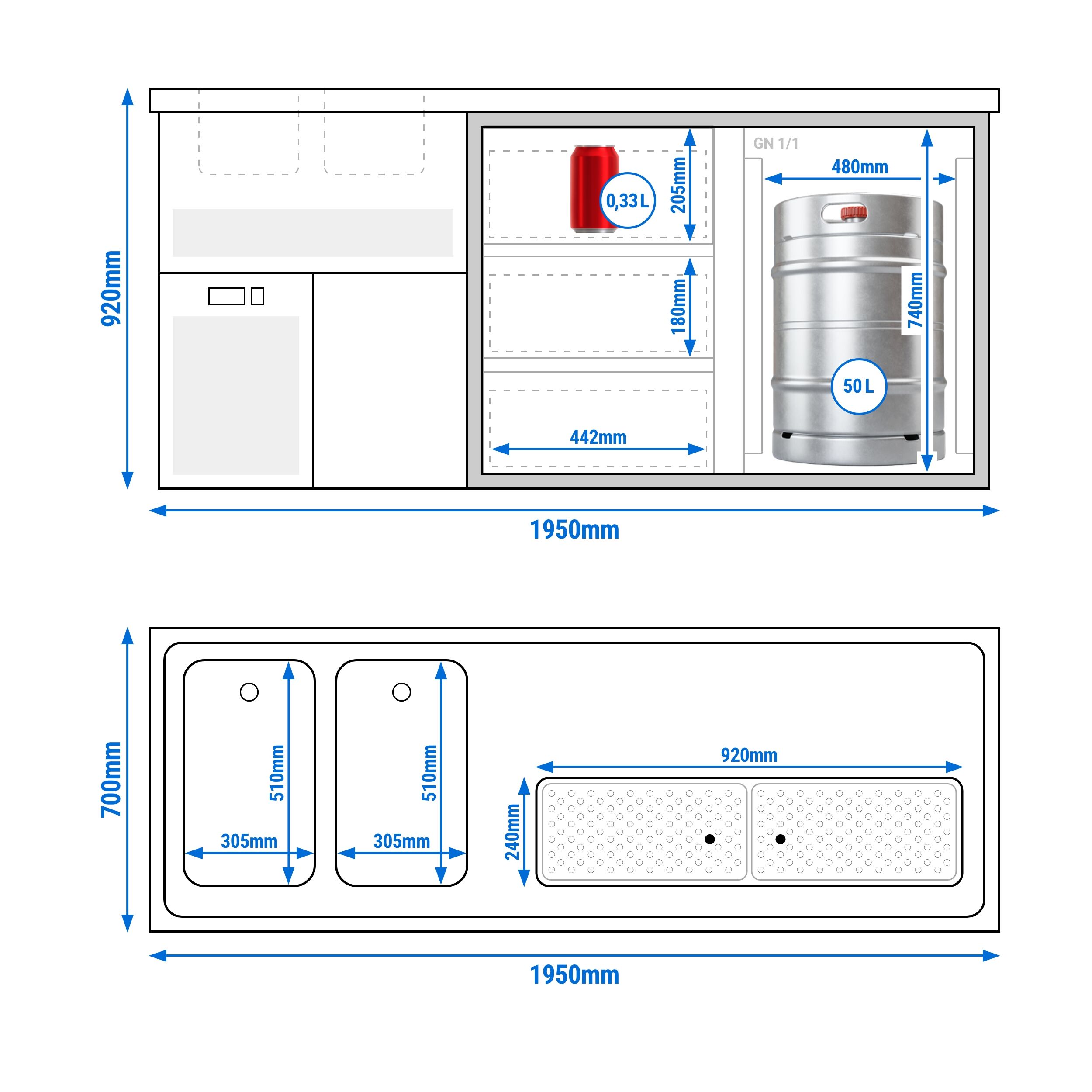 Comptoir à bière Premium PLUS – 1950 × 700 mm – 1 porte vitrée & 3 tiroirs