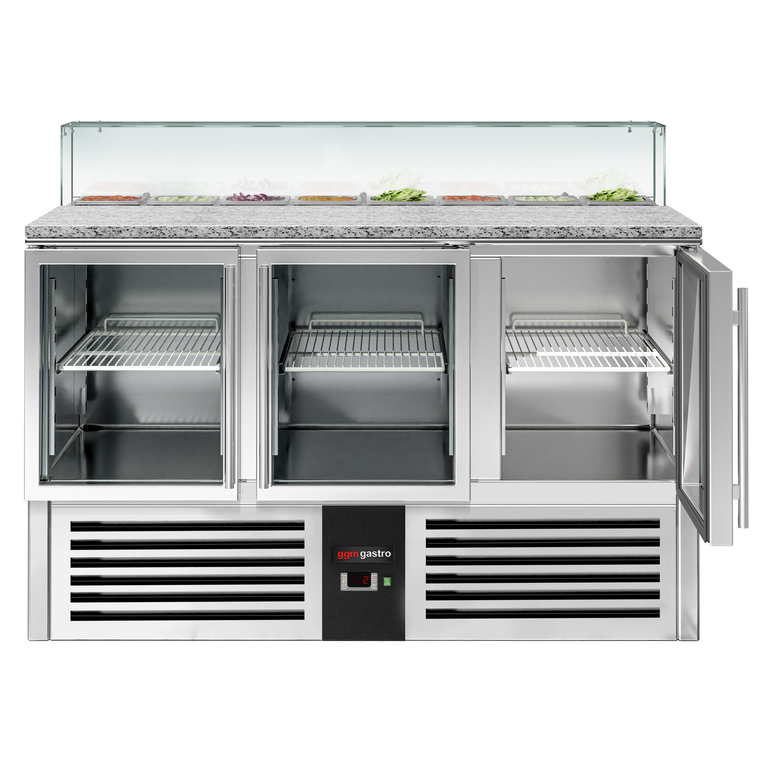 Saladette réfrigérée PREMIUM - 1368mm - 368L - 3 portes vitrées - avec vitrine de comptoir pour 8x GN 1/6