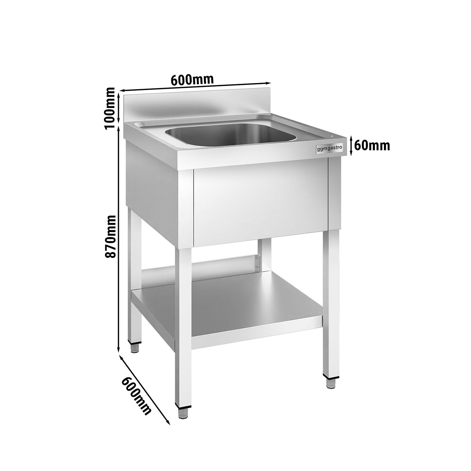 Plonge en inox PREMIUM - 600x600mm - avec étagère basse - 1 bac au centre