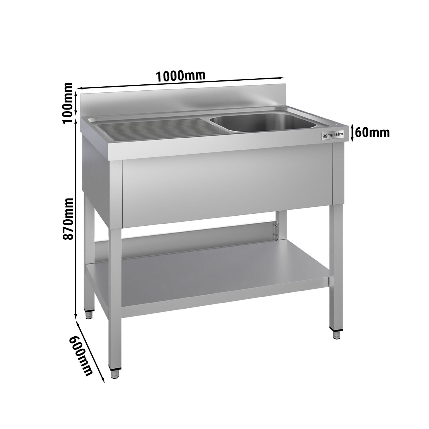 Plonge en inox ECO - 1000x600mm - avec étagère basse - 1 bac à droite
