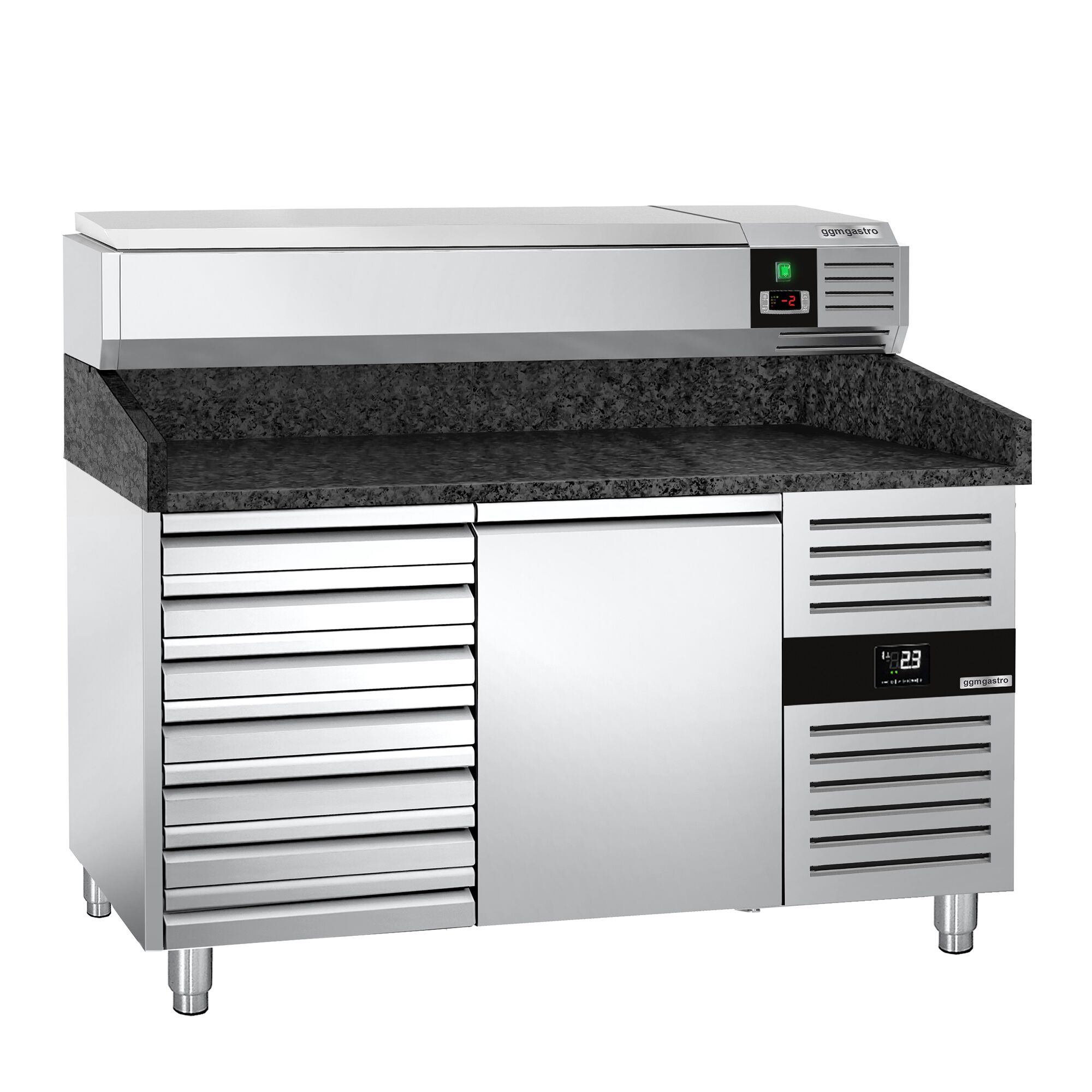 Table réfrigérée à pizza PREMIUM - 1500 x 800 mm - avec 1 porte et 7 tiroirs - incl. vitrine réfrigérée - 6 x GN 1/3