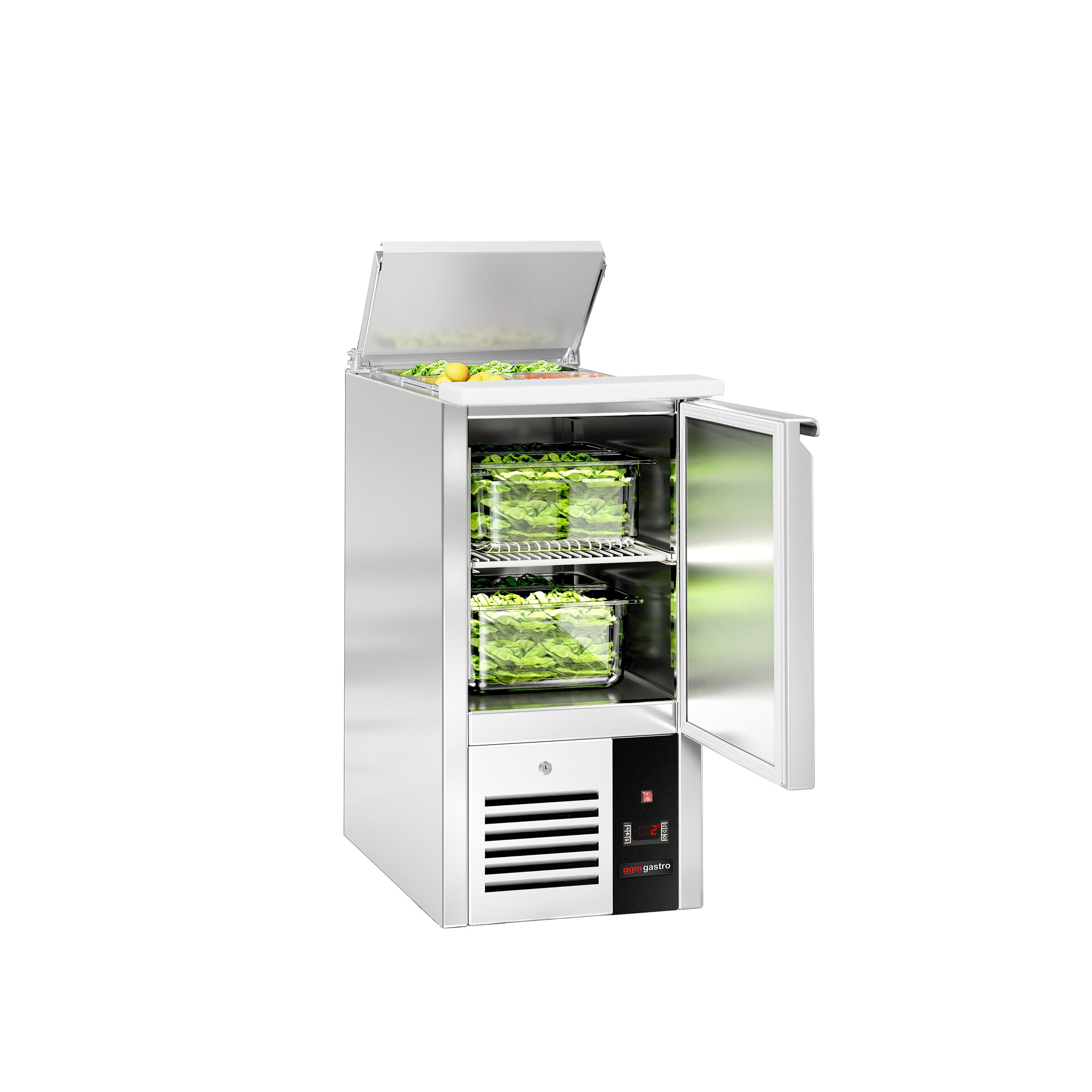 Saladette réfrigérée PREMIUM - 450mm - 102L - 1 porte - avec découpe pour 1x GN 1/1 & Couvercle inox