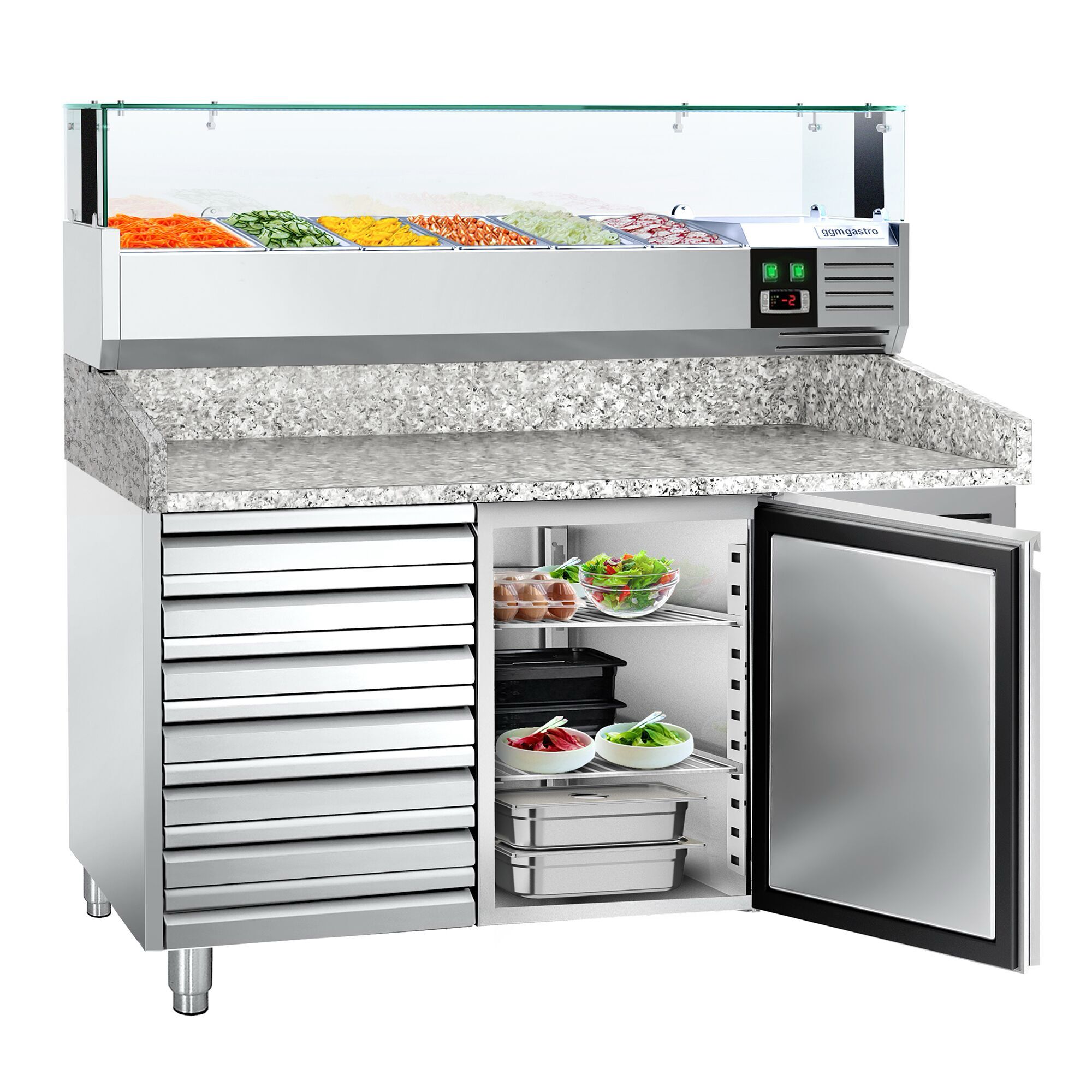 Table réfrigérée pour pizza PREMIUM - 1500 x 800 mm - avec 1 porte & 7 tiroirs - incl. vitrine réfrigérée avec LED - 5 x GN 1/3 + 1 x GN 1/2