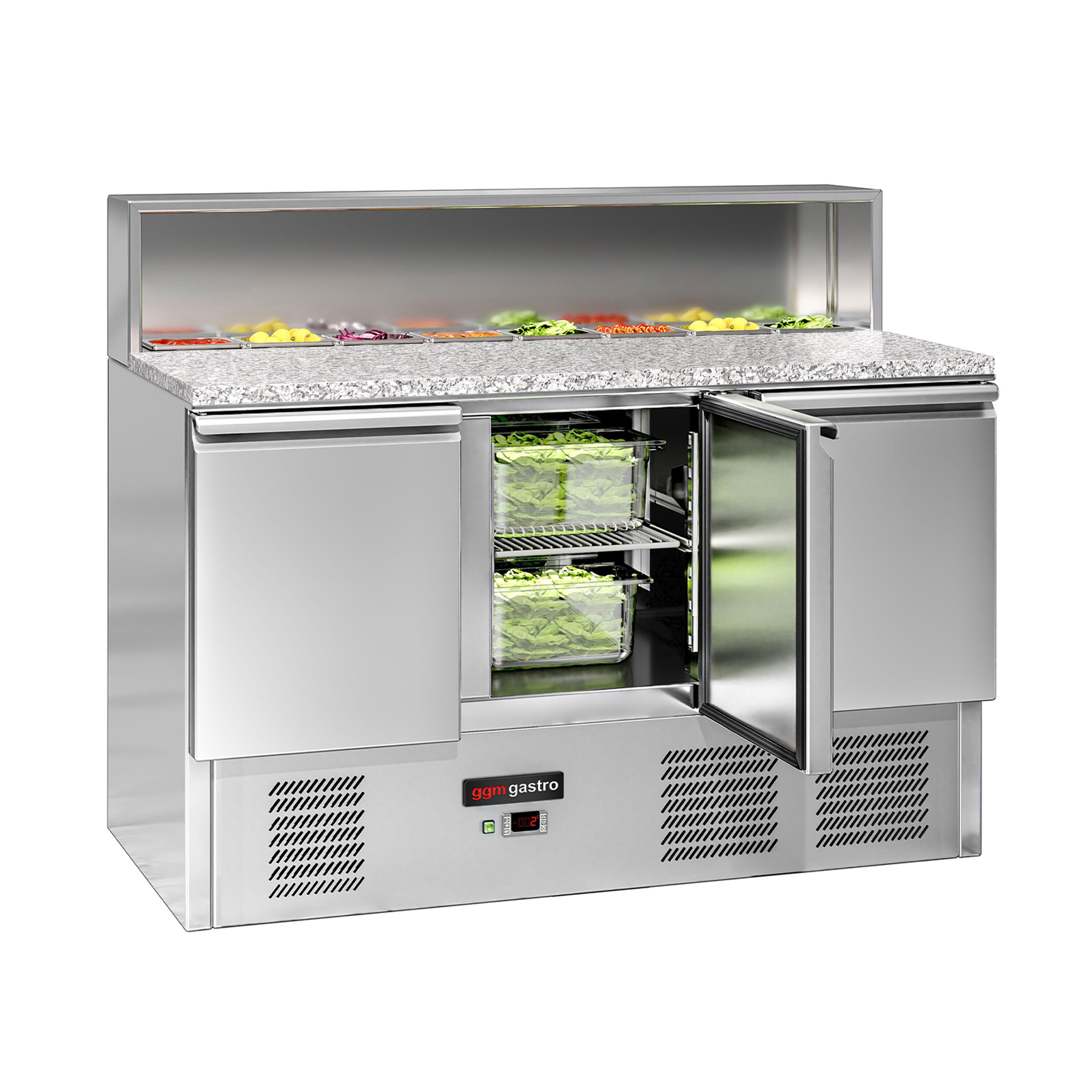 Saladette réfrigérée ECO - 1368mm - 402L - 3 portes - avec découpe pour 8x GN 1/6 & Couvercle inox - plan de travail en granit noir