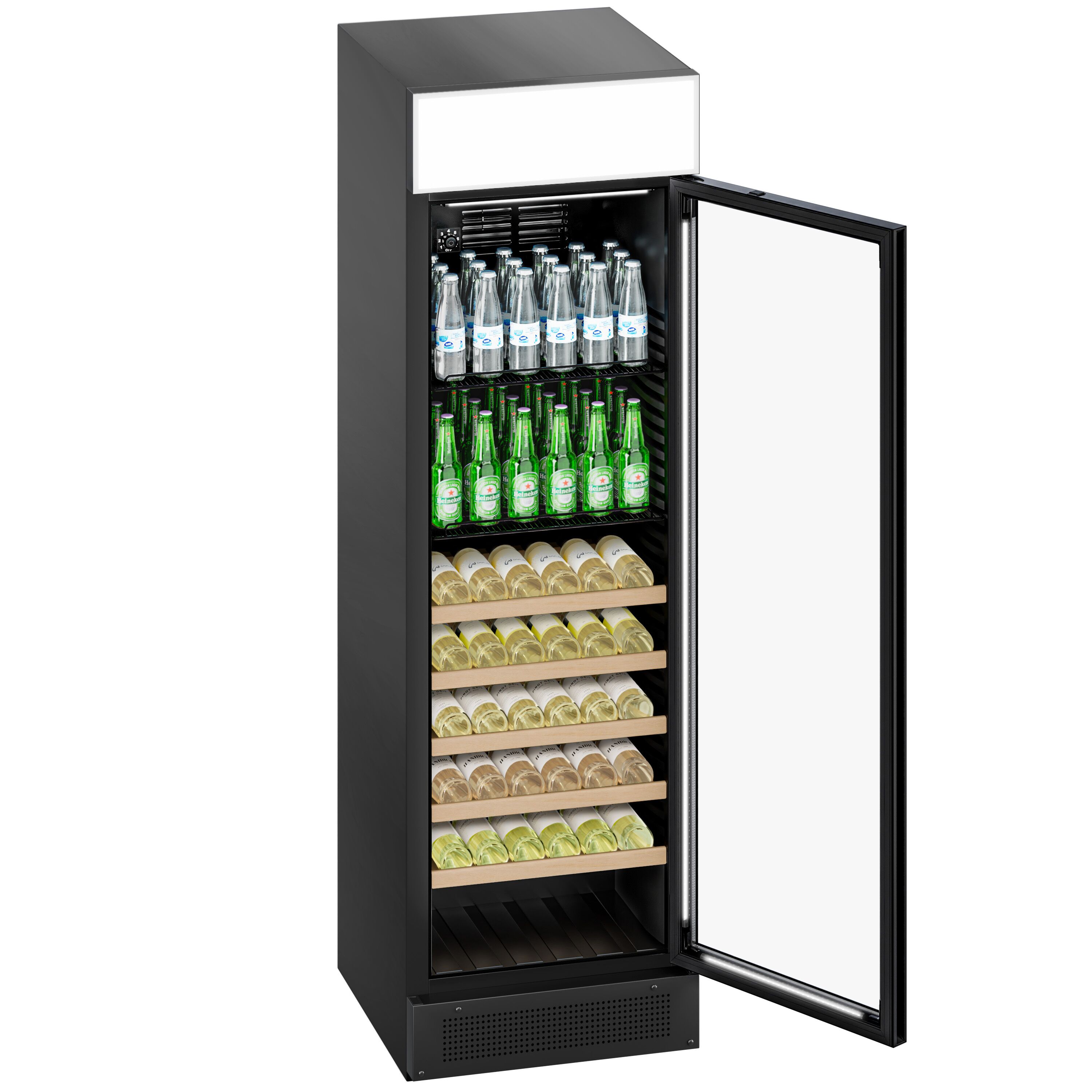 Vitrine réfrigérée à boissons - 595mm - 145 L - porte vitrée sans cadre - 1 porte vitrée - avec caisson lumineux - éclairage LED - affichage digital de la température - Noir - +1 à +10 °C