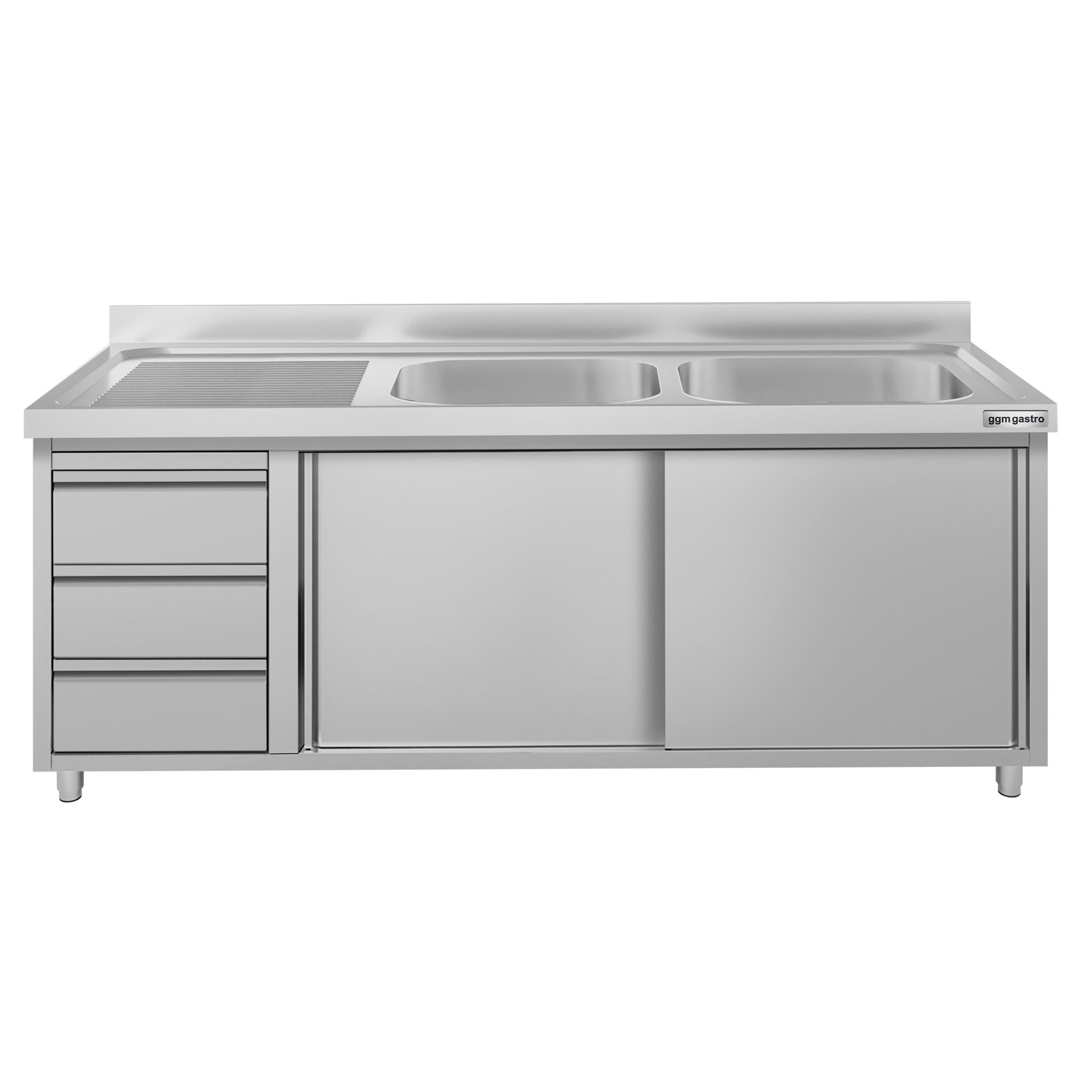 Meuble évier ECO - 2000 x 600 mm - avec 3 tiroirs & 2 bacs à droite