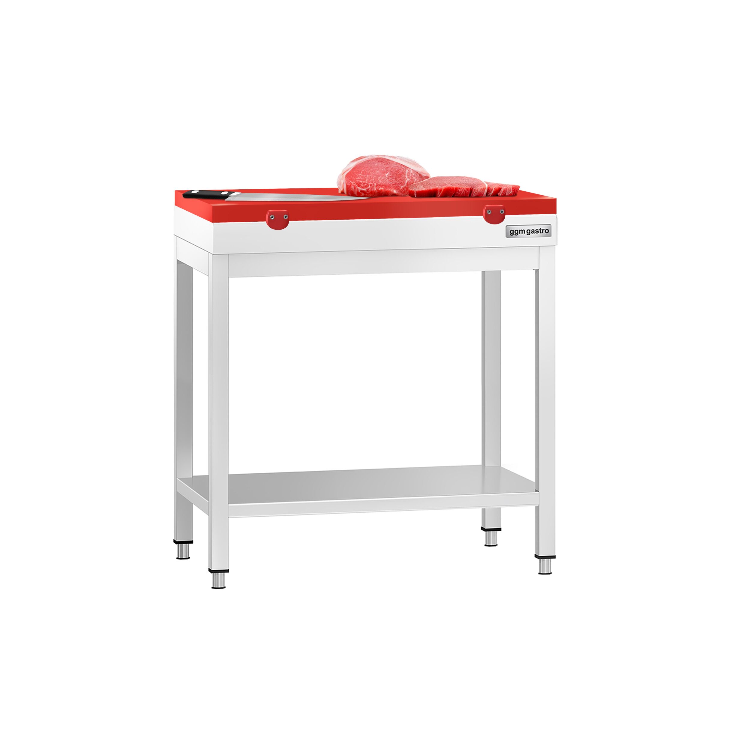 Stół roboczy centralny ze stali nierdzewnej PREMIUM - 600x700mm - z półką - z deską do krojenia Czerwony