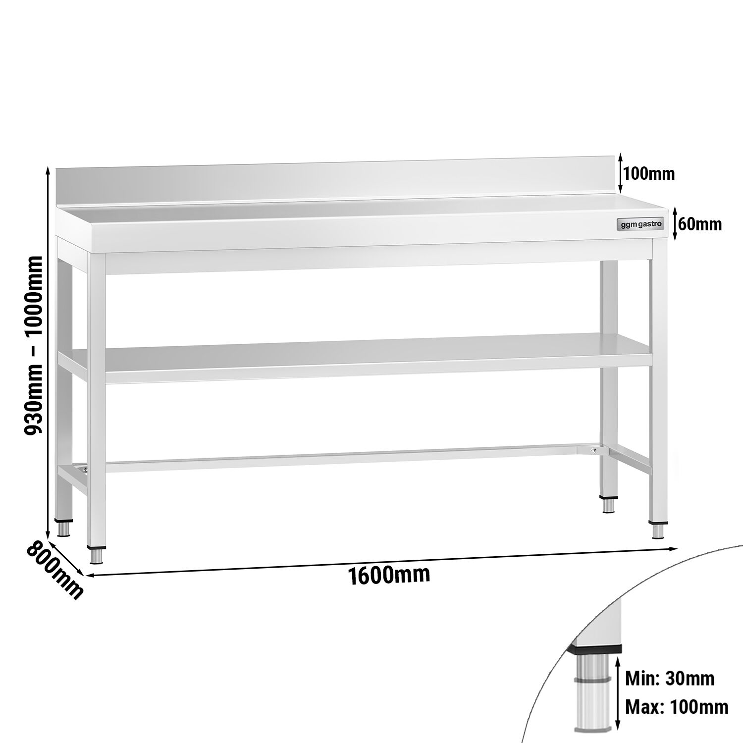 Table de travail inox PREMIUM - 1600 x 800 mm - avec tablette inférieure, Dosseret & Renforts