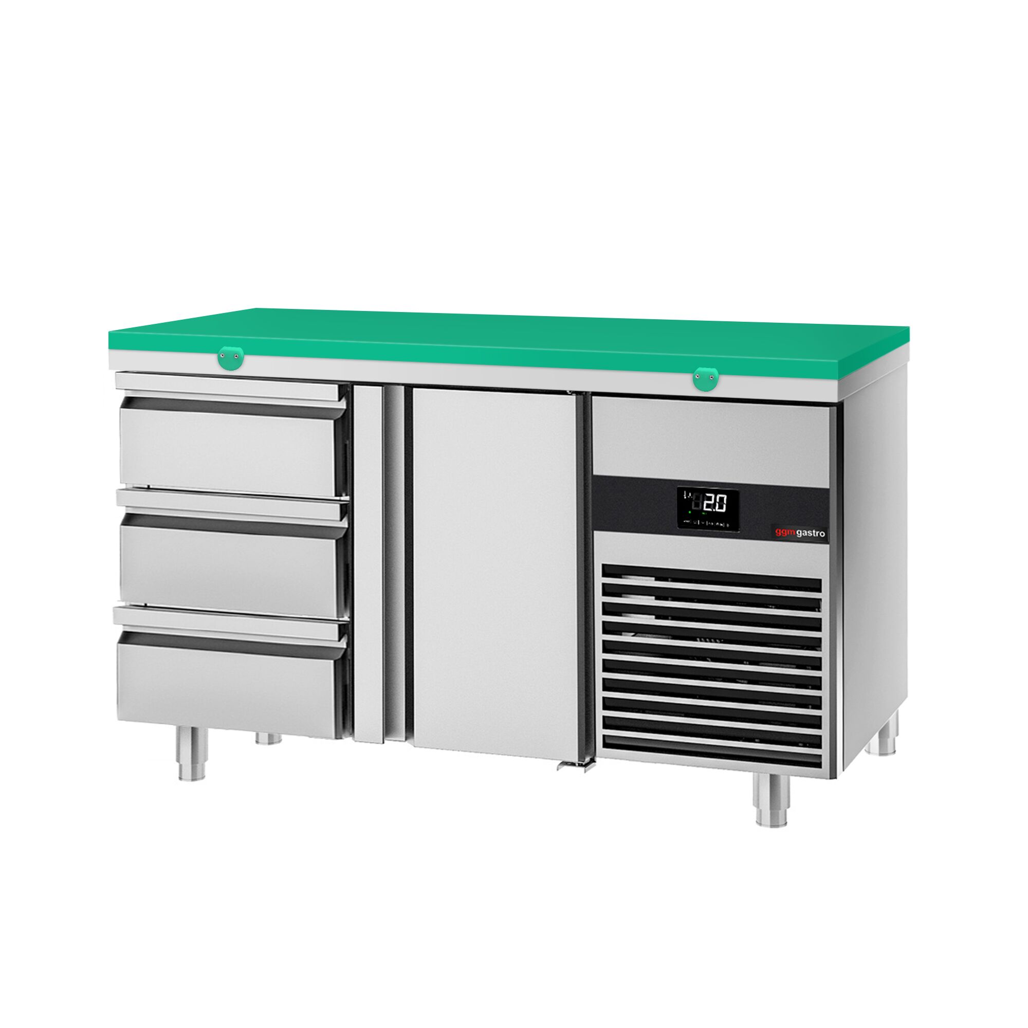 Table réfrigérée PREMIUM - 1400x700 mm - avec 1 porte - 3 tiroirs - incl. planche à découper verte