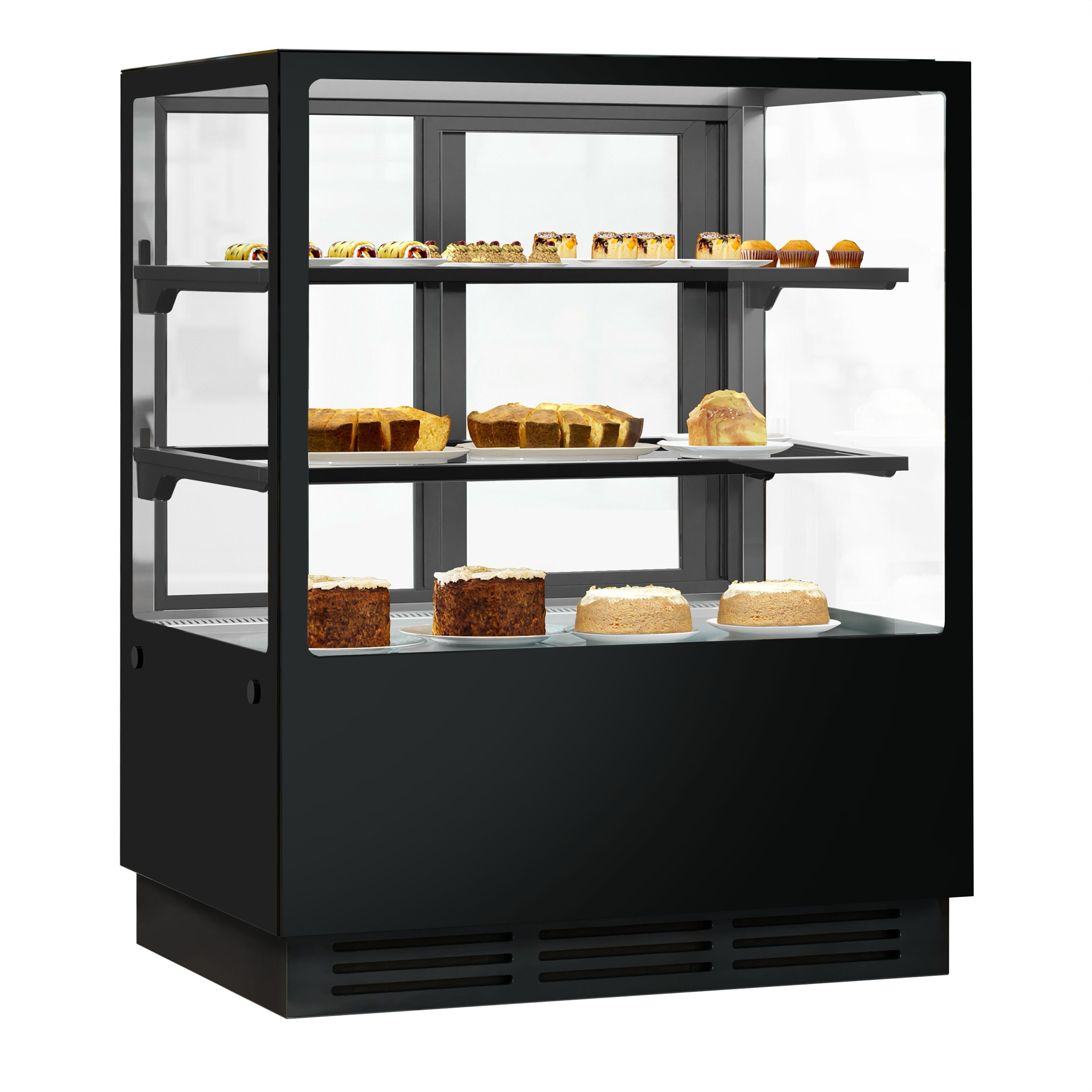 Vitrine à pâtisserie réfrigérée - 378L - 1000mm - Double vitrage - avec 2 étagères en verre - portes coulissantes vitrées arrière - pour pâtisseries - Pour FR - Noir