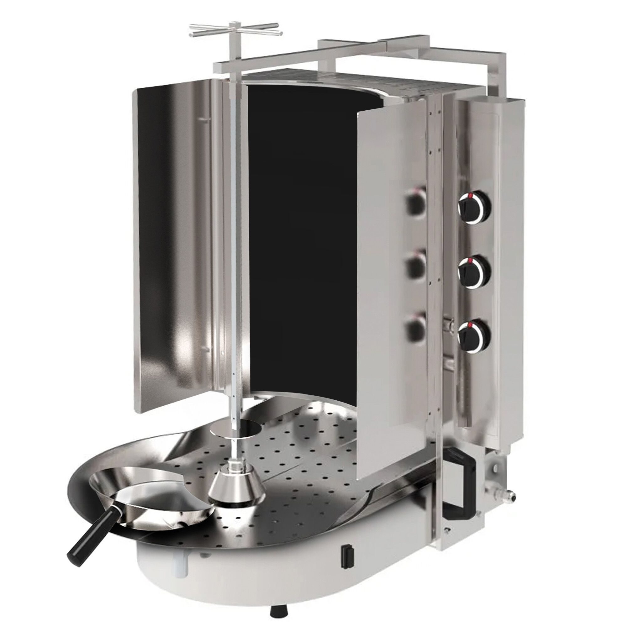 Gas Doner Kebab Grill (Shawarma/Gyros) - 6 Burner - up to 60kg - 12kW - Countertop - with ROBAX® glass - incl. skewer, clamp, meat plate, drip tray, kebab scoop & double doors