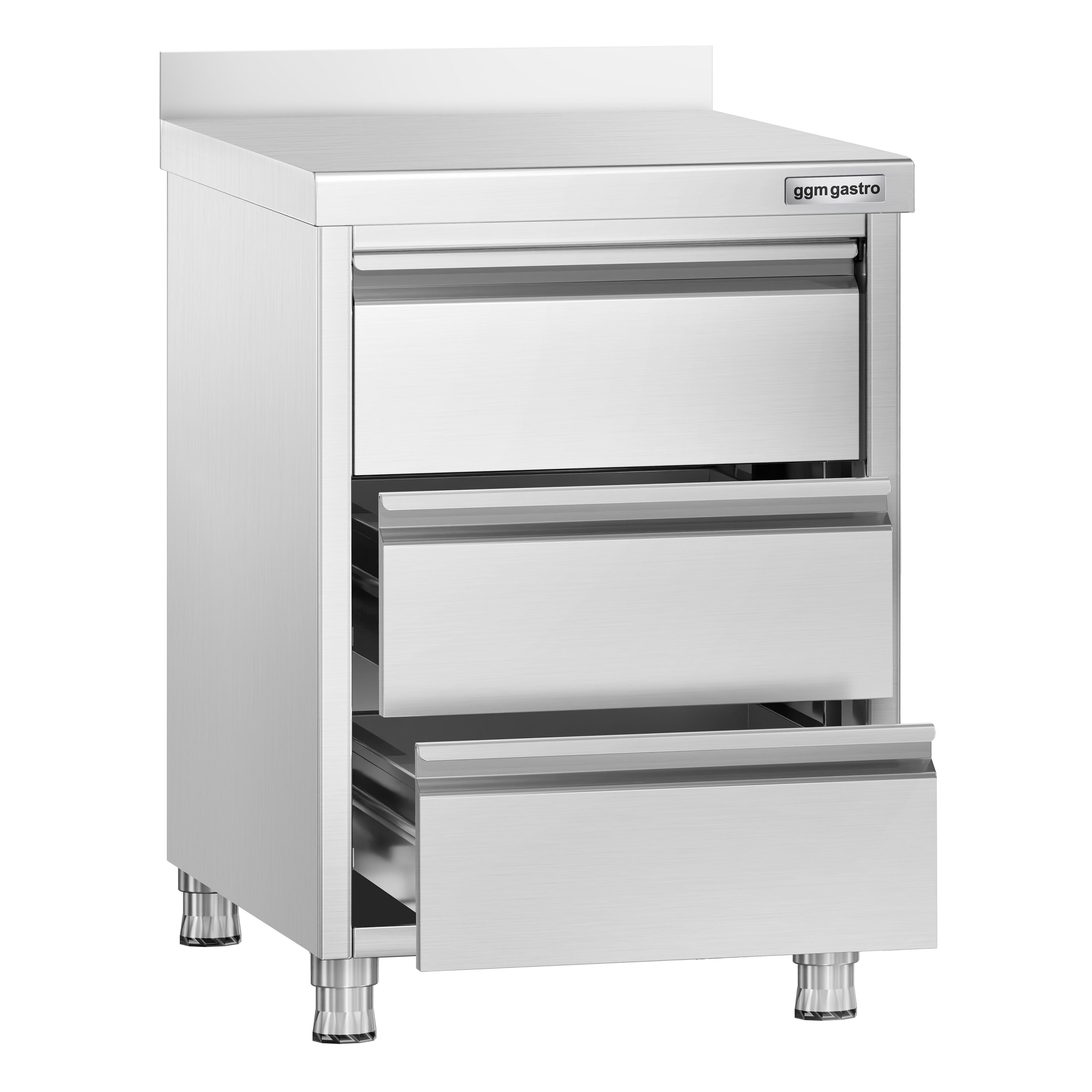 Meuble bas à tiroirs PREMIUM - Acier inoxydable - avec 3 tiroirs & dosseret 100mm - 500x700mm