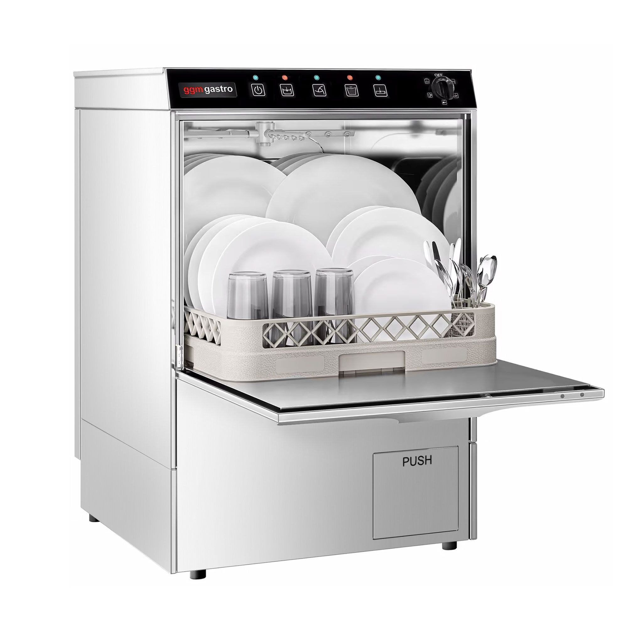 Lave-vaisselle professionnel - Panier 50x50cm - Commandes mécaniques - 3,55kW - avec pompe de vidange + pompes doseuses détergent et liquide de rinçage