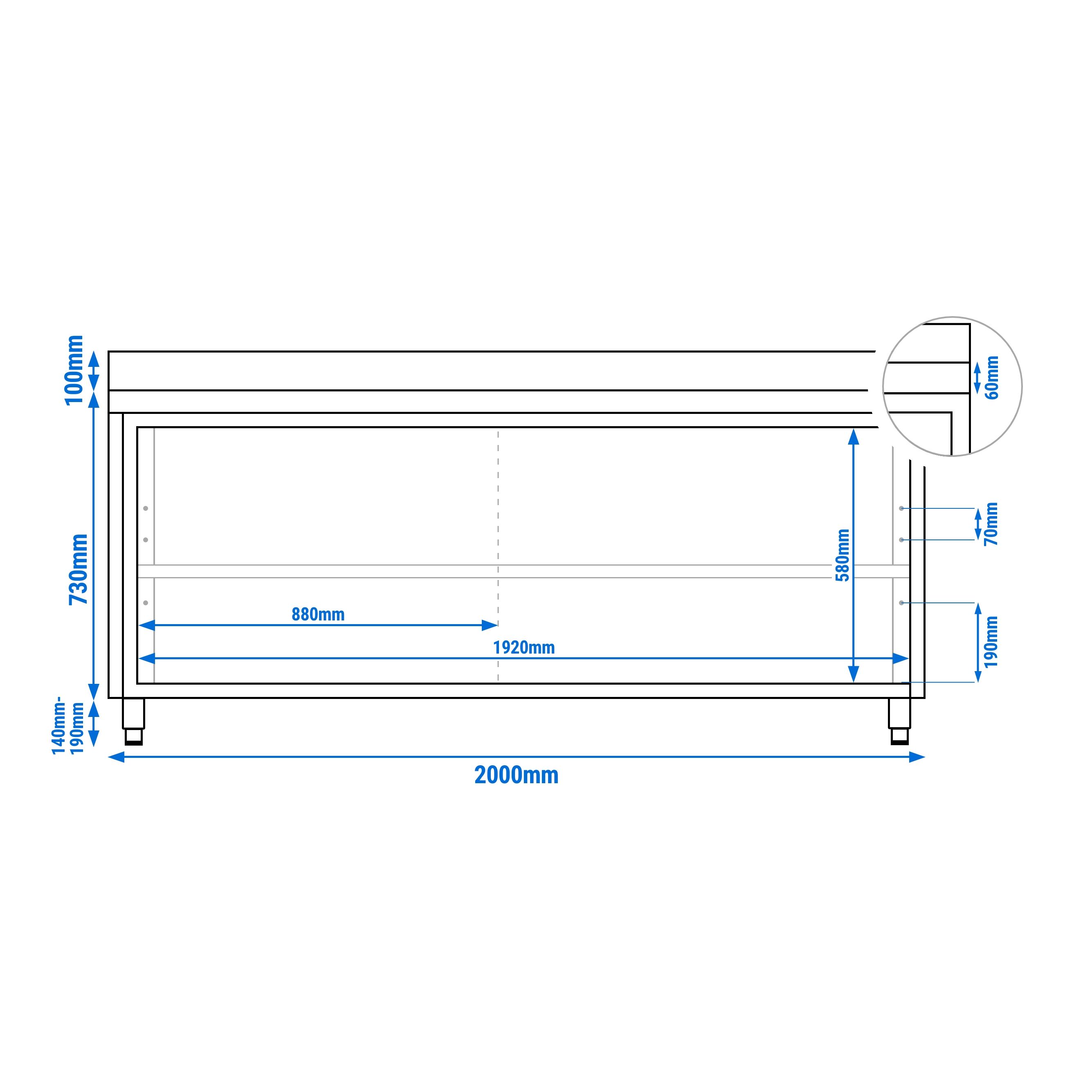 Table armoire en acier inoxydable PREMIUM - 2000x600mm - avec portes coulissantes vitrées - avec dosseret