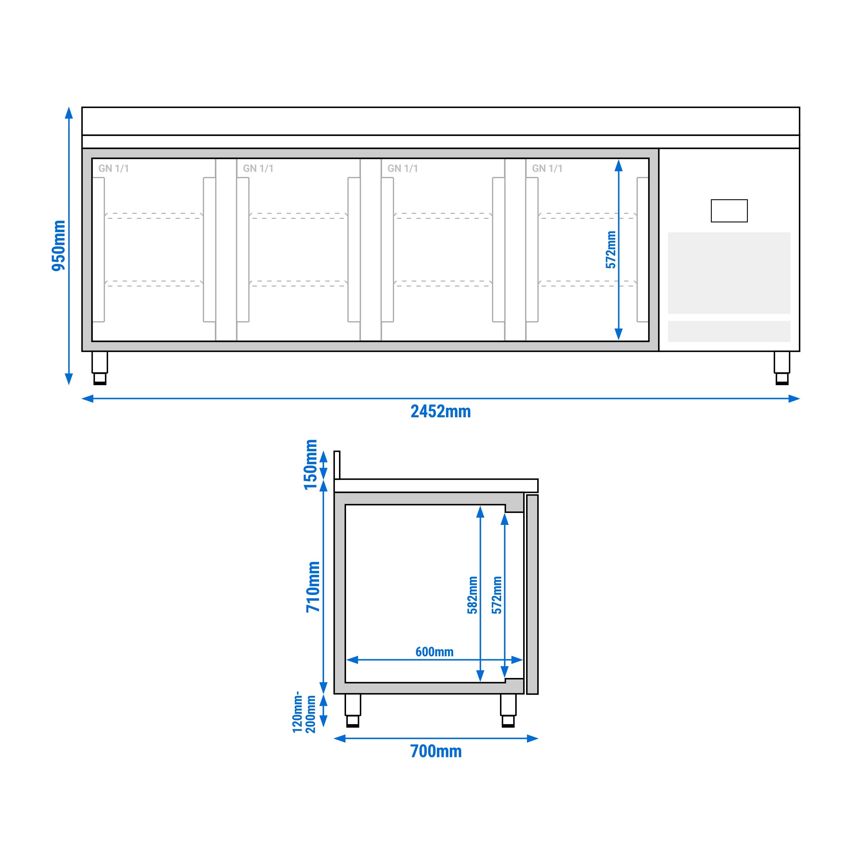 Table réfrigérée Premium PLUS - 2452x700 mm - avec 4 portes vitrées et rebord