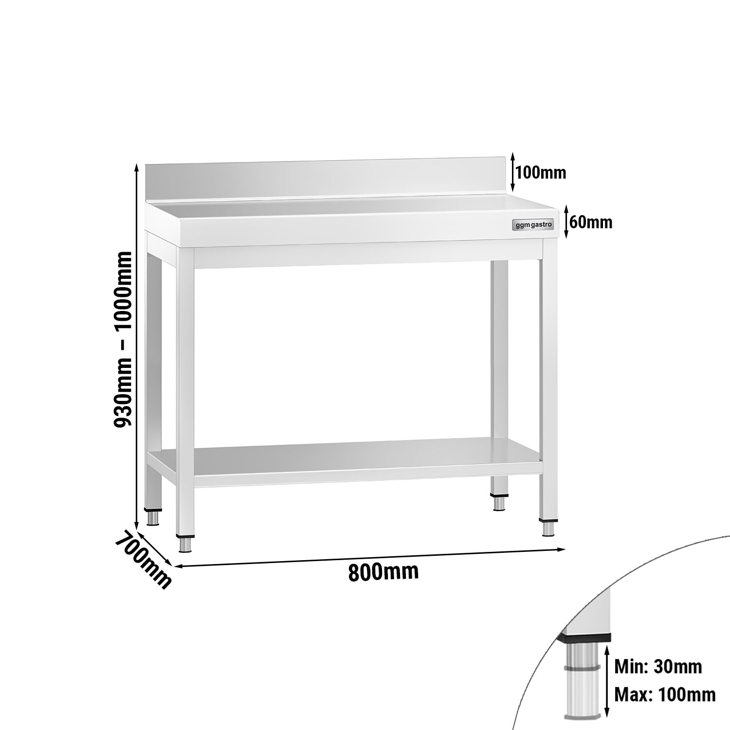 Table de travail inox PREMIUM - 800 x 700 mm - avec tablette inférieure & Dosseret