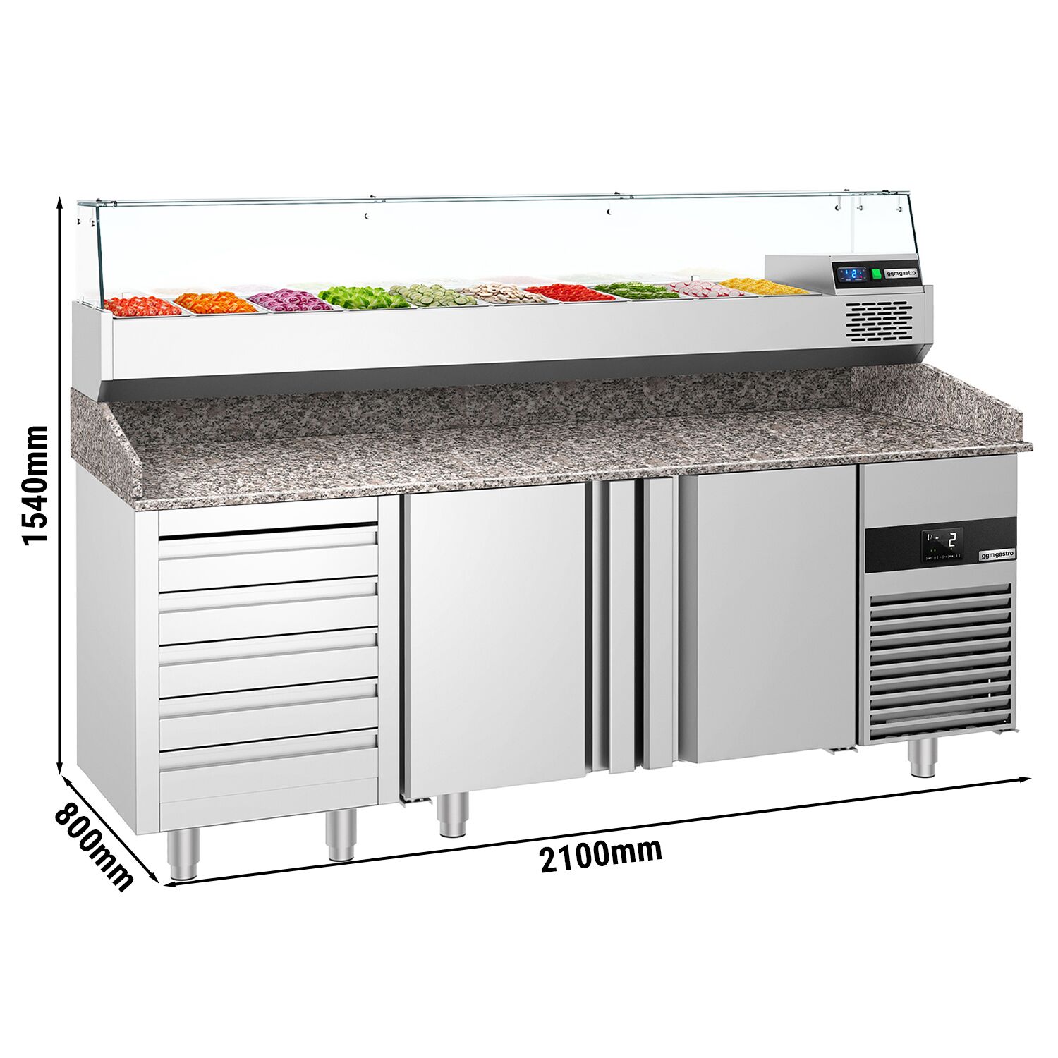 Table réfrigérée à pizza PREMIUM - 2100x800 mm - avec 2 portes & 5 tiroirs - incl. vitrine réfrigérée - 10x GN 1/3