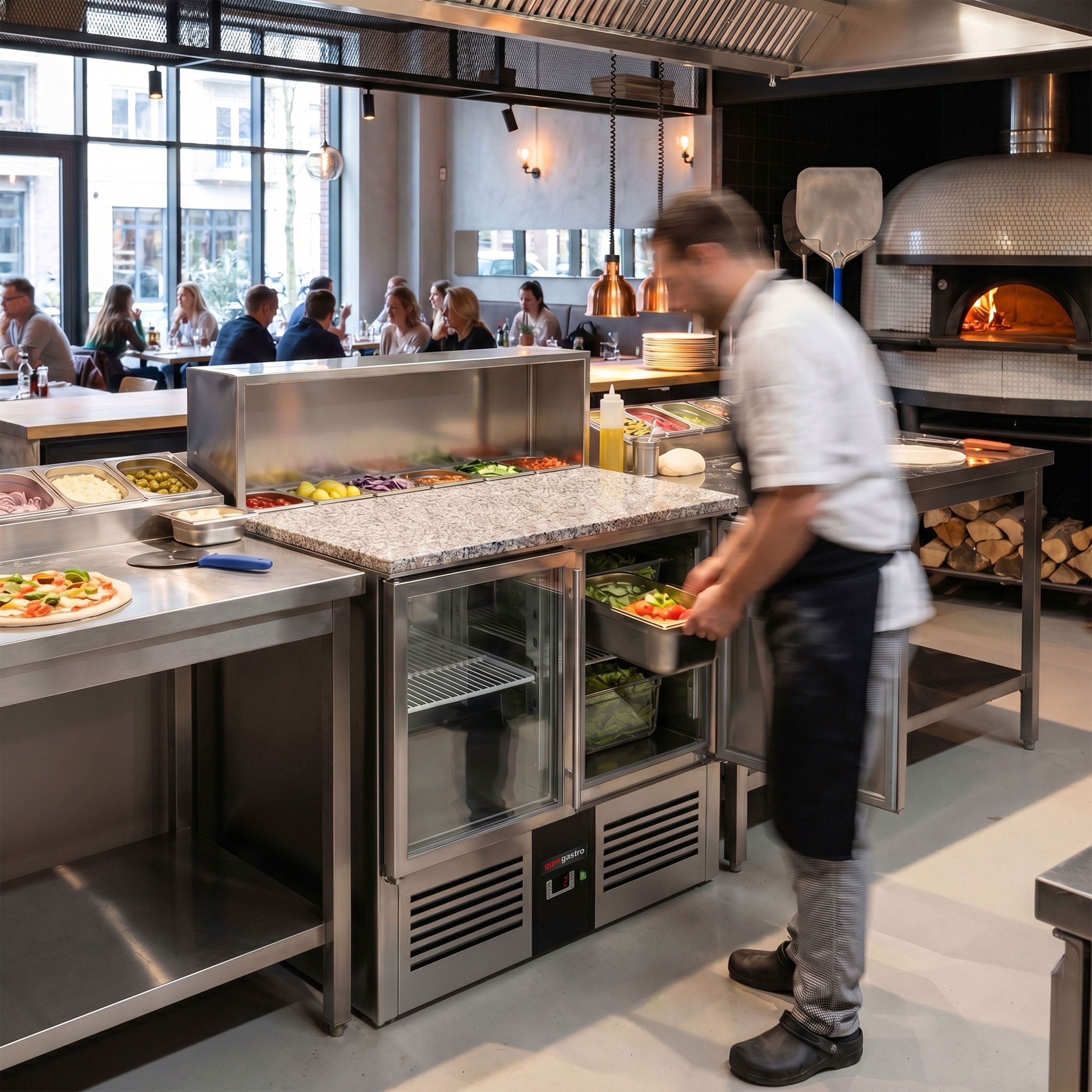 Commercial Saladette Counter PREMIUM - 903mm - 240L - 2 glass doors - open top for 5 x GN 1/6 & stainless steel hinged lid