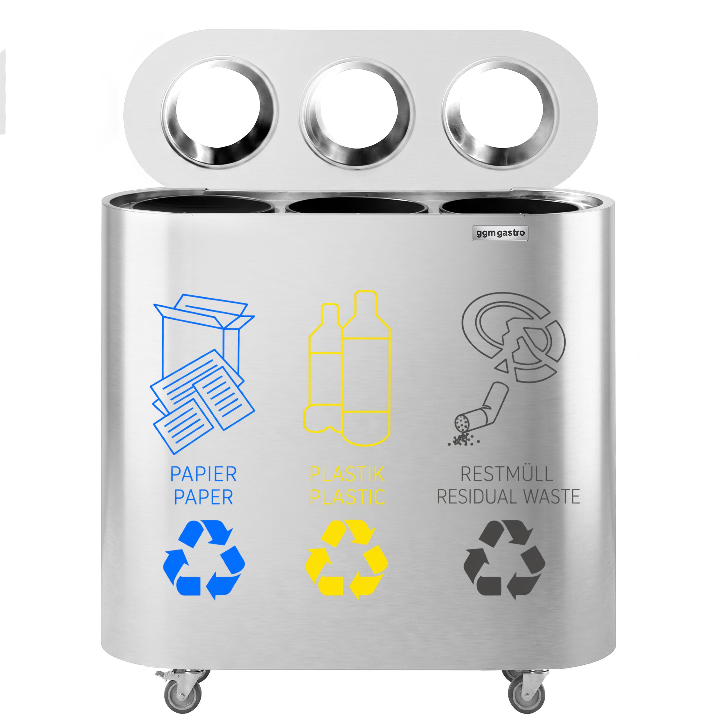 Waste sorting system – 3 bins, 30 litres each – stainless steel
