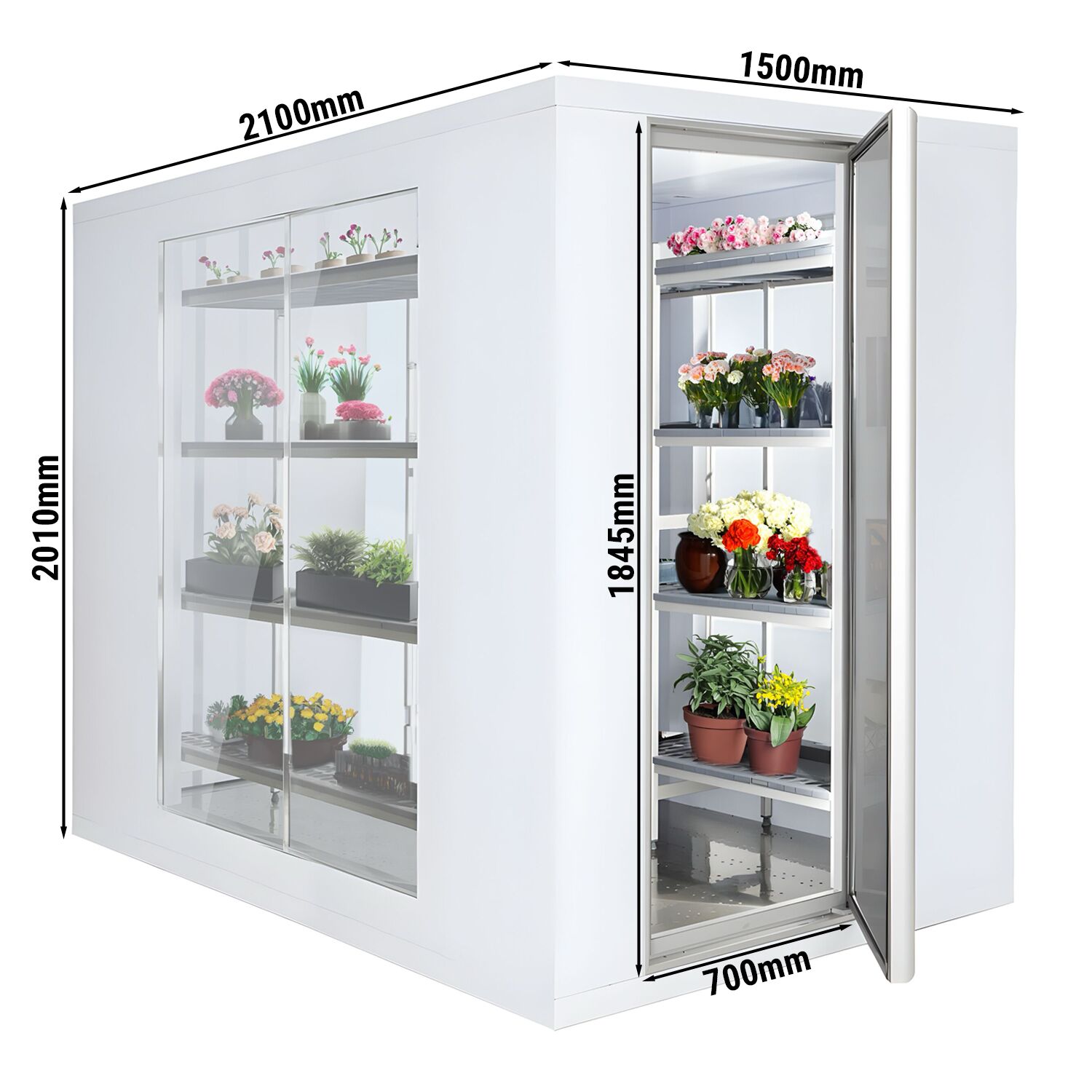 Chambre froide - 1500 x 2100 mm - 4,8 m³ - avec 3 côtés en verre