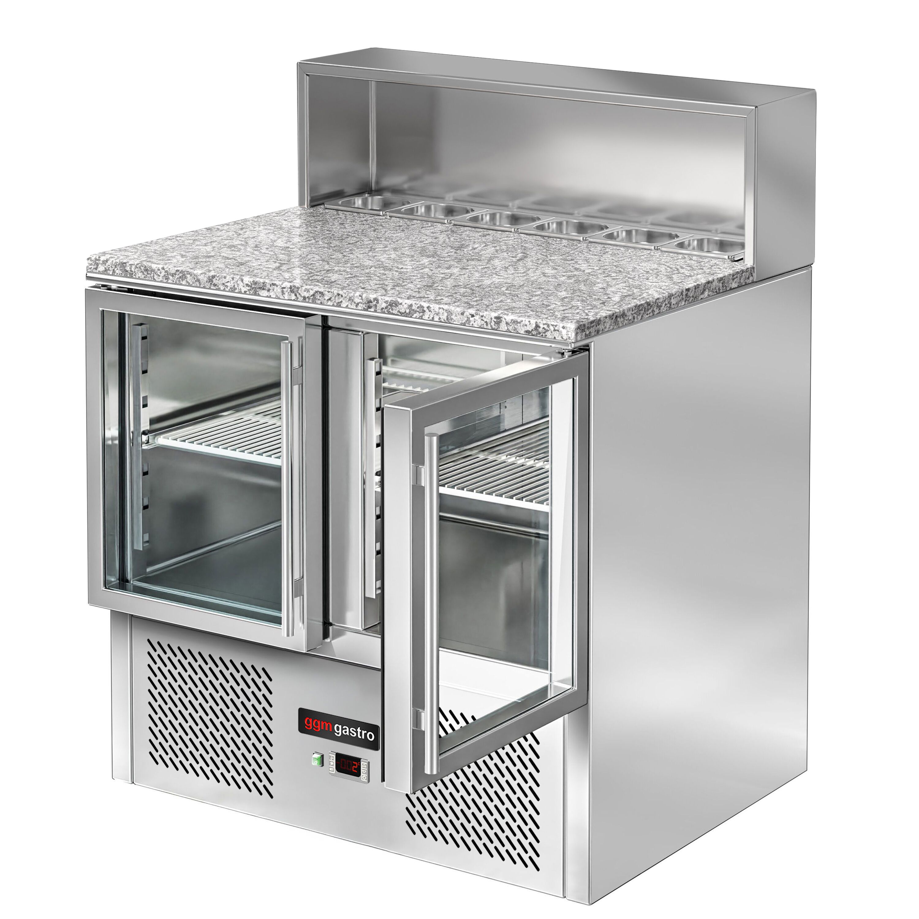Saladette réfrigérée ECO - 903mm - 2 portes vitrées - pour 5x GN 1/6 & Couvercle inox - plan de travail en granit noir - 240L