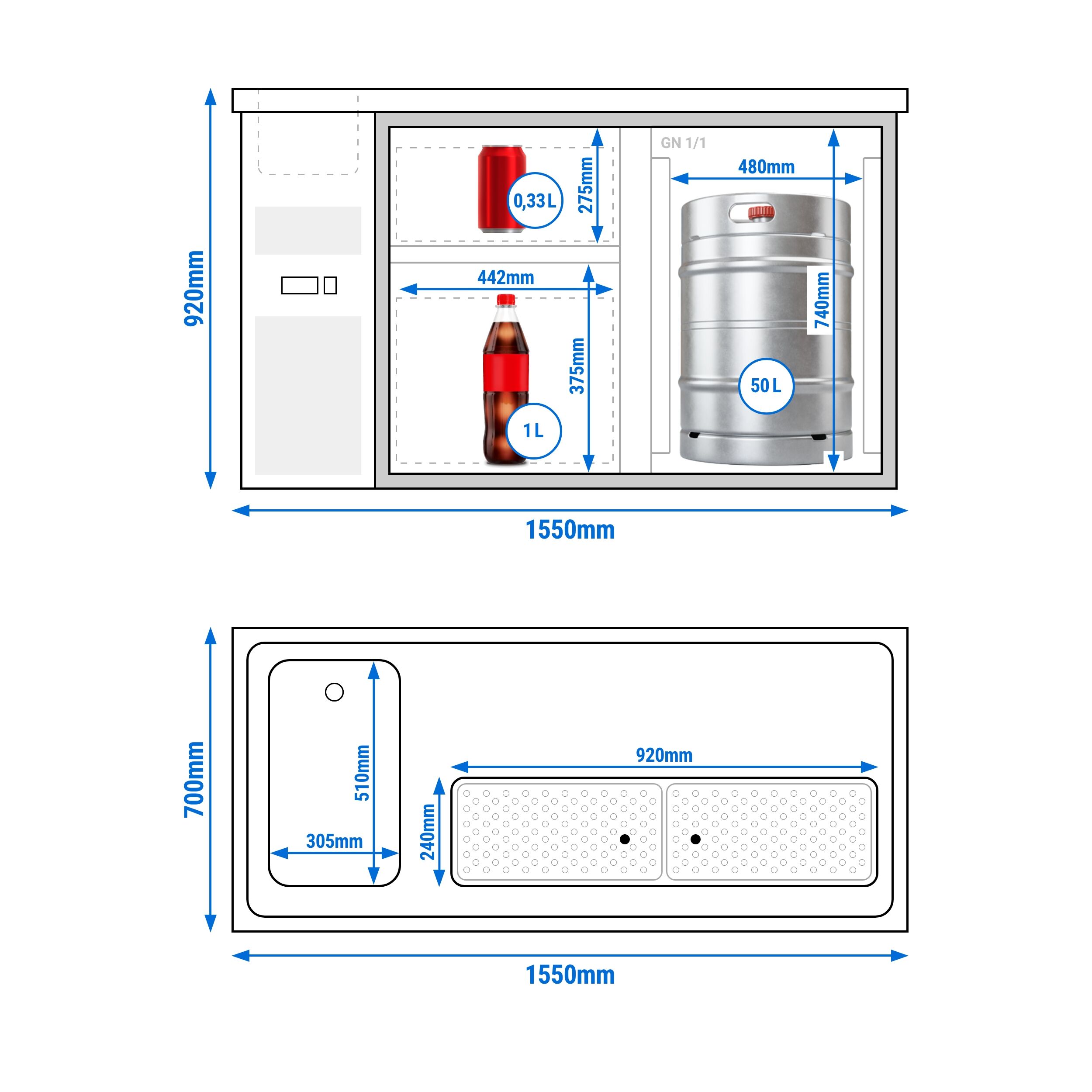 Direct Draw Beer Dispenser / Kegerator PREMIUM PLUS - 1550x700mm - 1 Glass Door & 2 Drawers