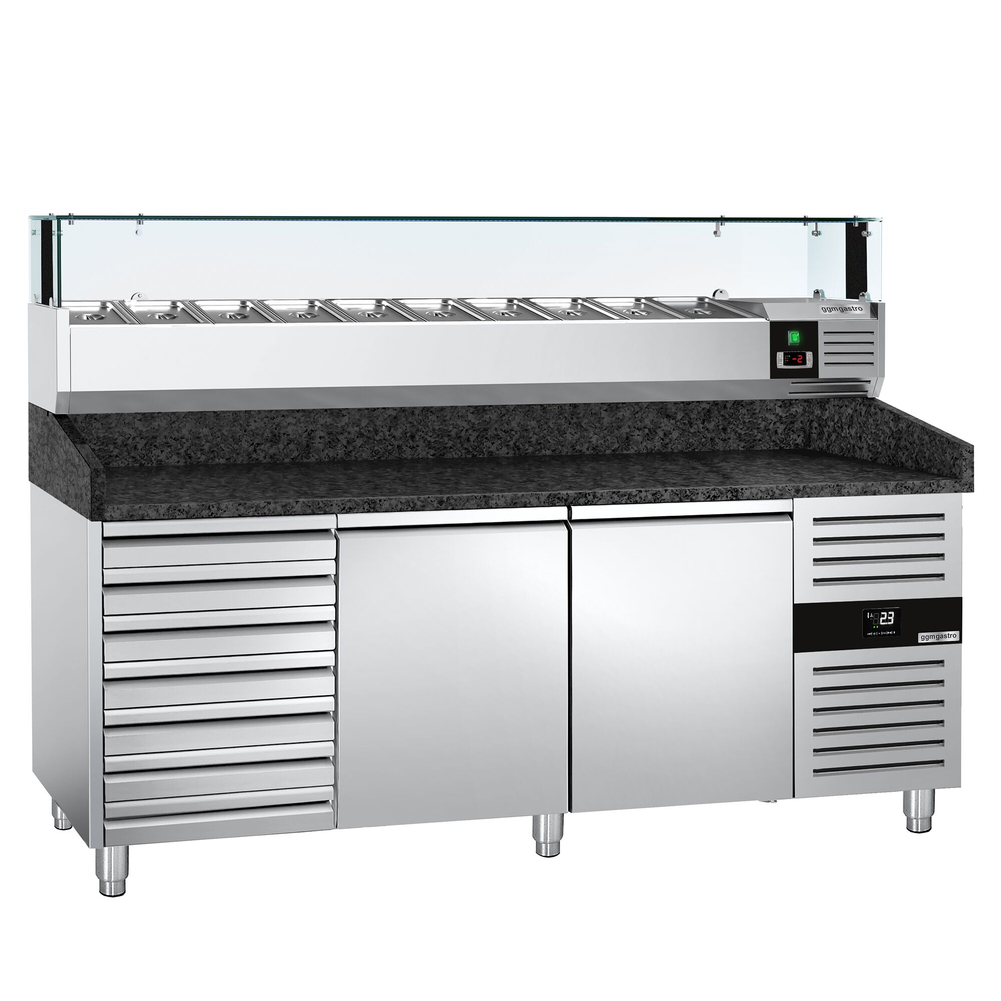 Table réfrigérée à pizza PREMIUM - 2000x800 mm - avec 2 portes & 7 tiroirs - incl. vitrine réfrigérée LED - 10x GN 1/4