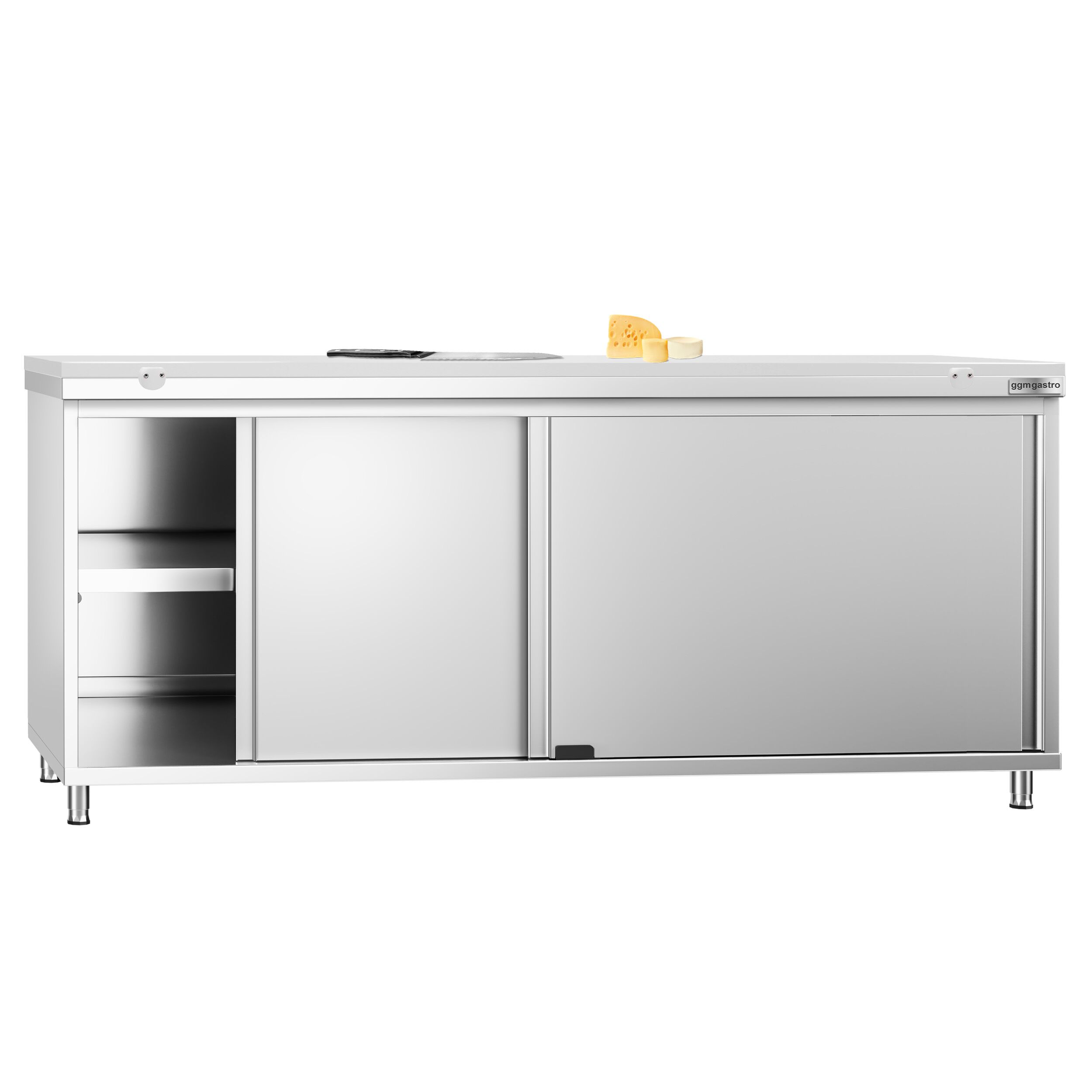 Table armoire en acier inoxydable PREMIUM - 2000x800mm - avec portes coulissantes et étagère basse - pour produits céréaliers, produits laitiers - incl. plateau de découpe Blanc PEHD (HACCP)