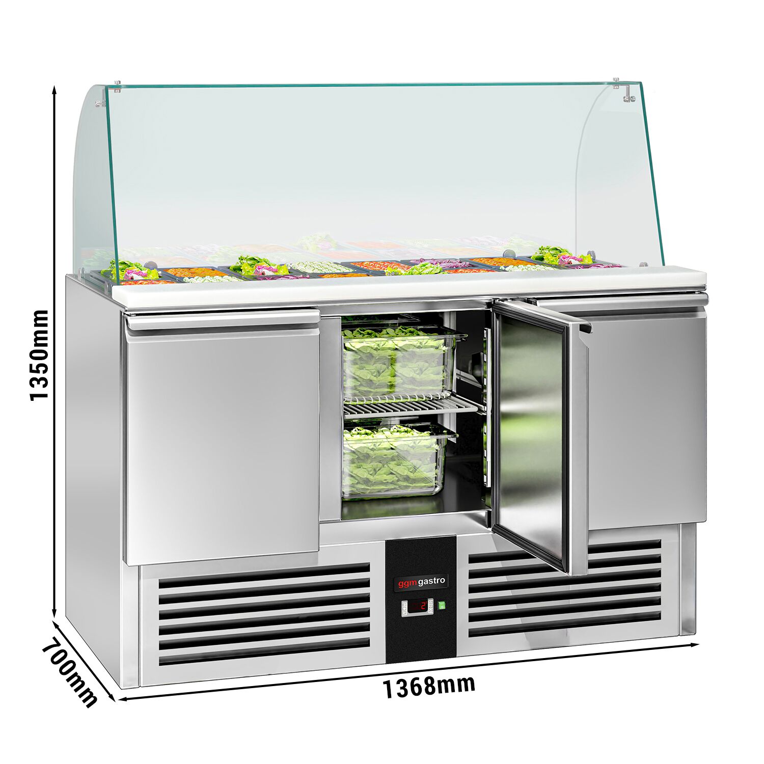 Saladette réfrigérée PREMIUM - 1368mm - 368L - 3 portes - avec vitrine de comptoir pour 4x GN 1/1