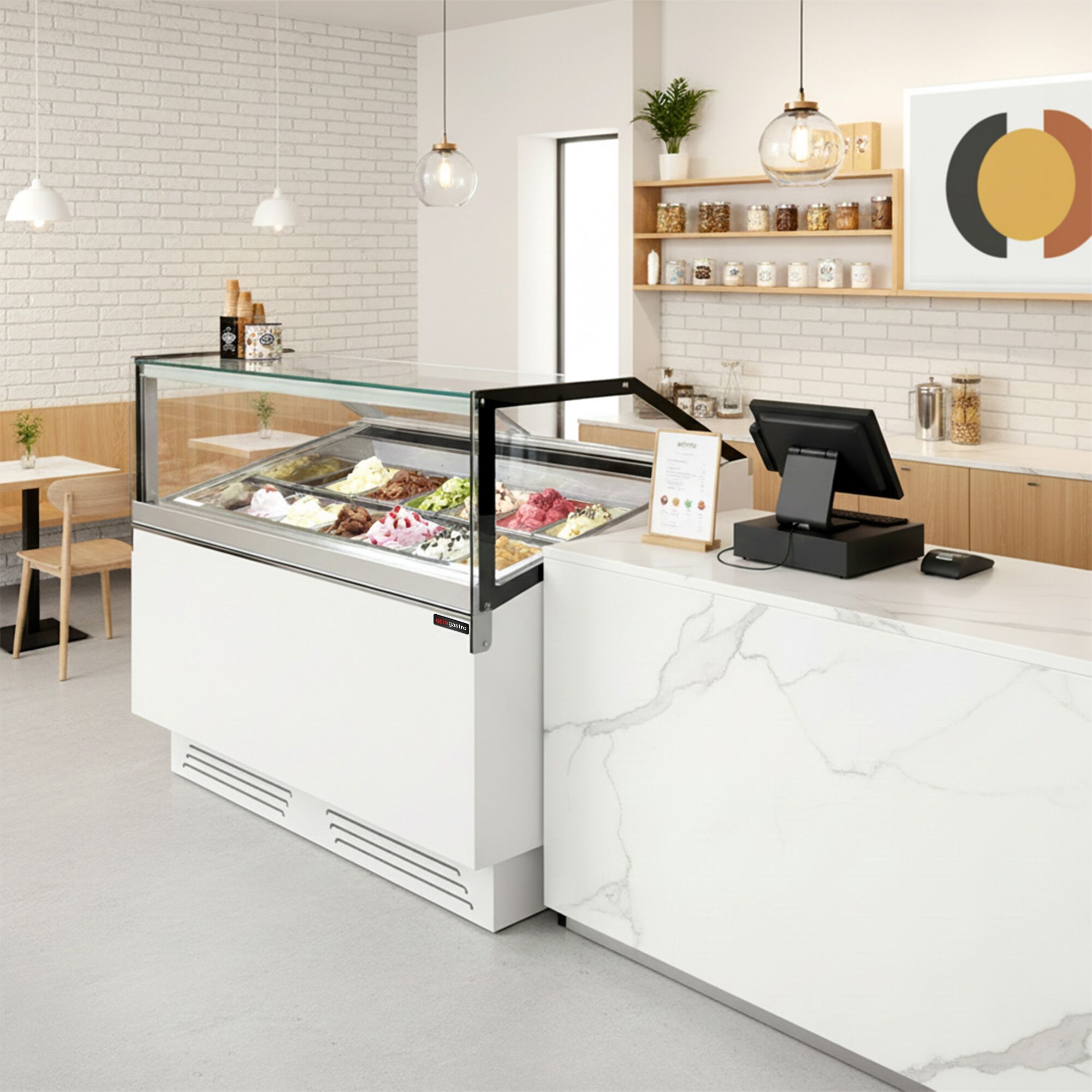 Vitrine à glace ADAM – 1200 mm – refroidissement ventilé – pour 12 bacs à glace de 5 litres ou 8 bacs de 7 litres – Blanc