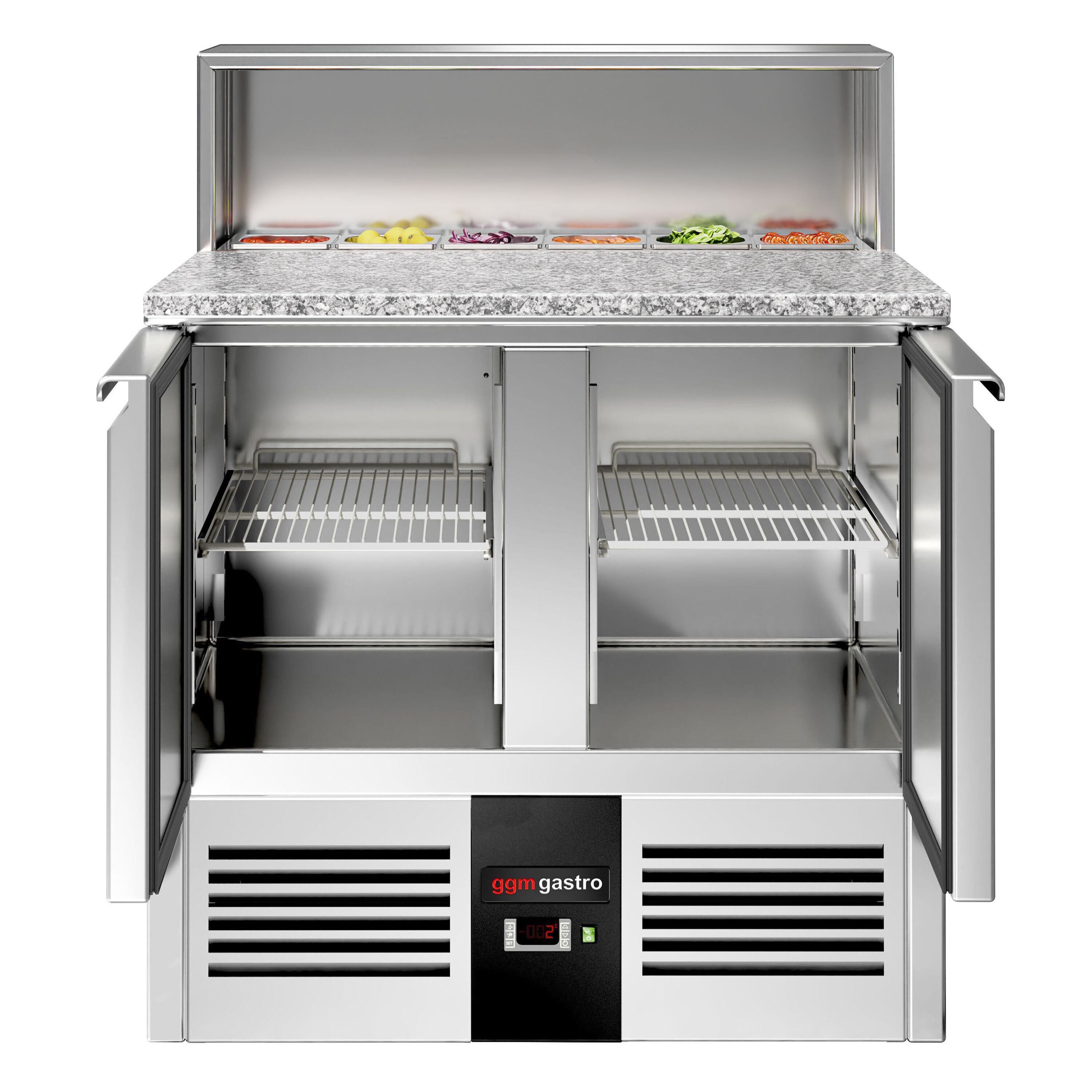 Saladette réfrigérée PREMIUM - 903mm - 240L - 2 portes - pour 5x GN 1/6 & Couvercle inox - plan de travail en granit noir