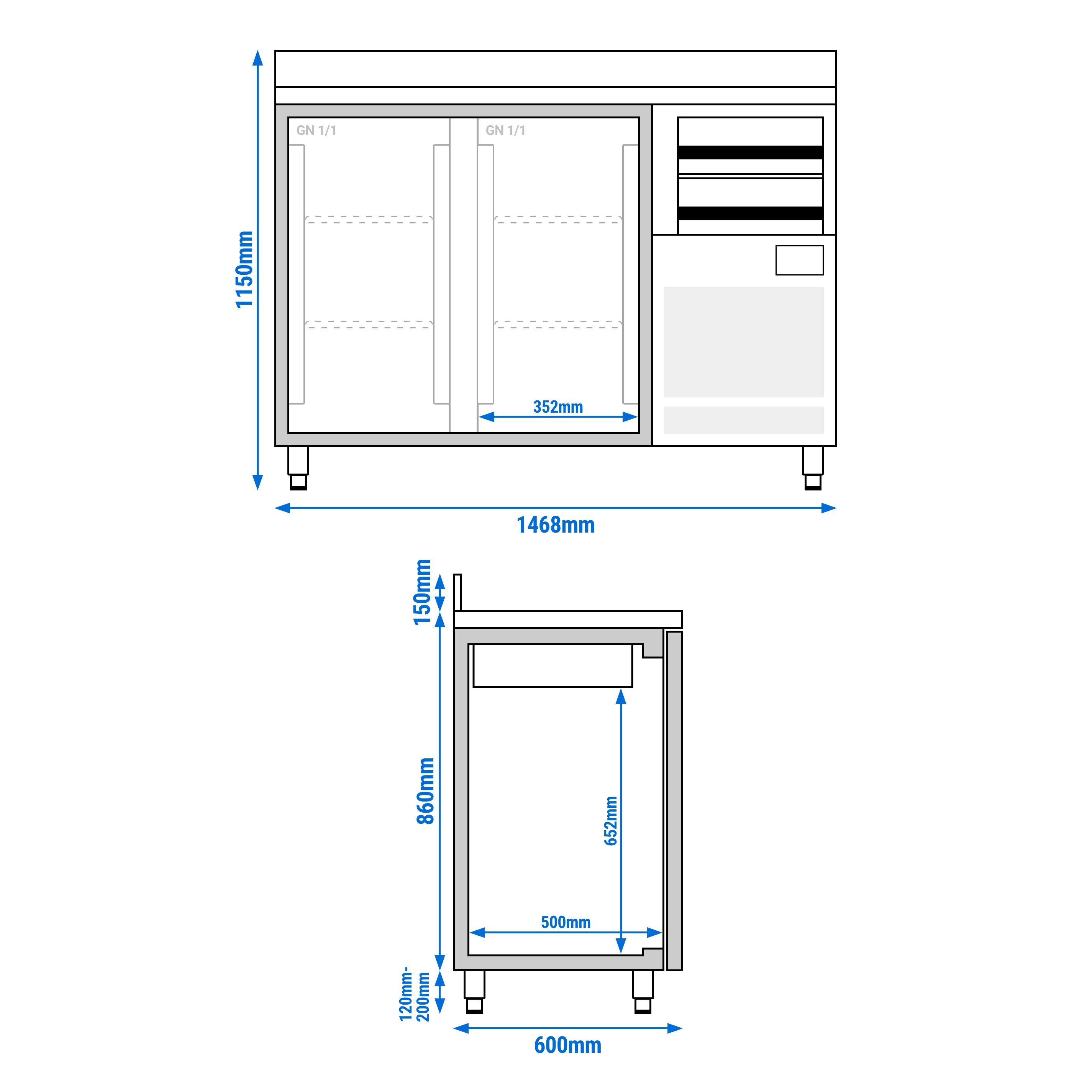 Arrière-bar réfrigéré professionnel  Premium PLUS - 1470 x 600 mm - avec 2 portes, 2 tiroirs et dosseret