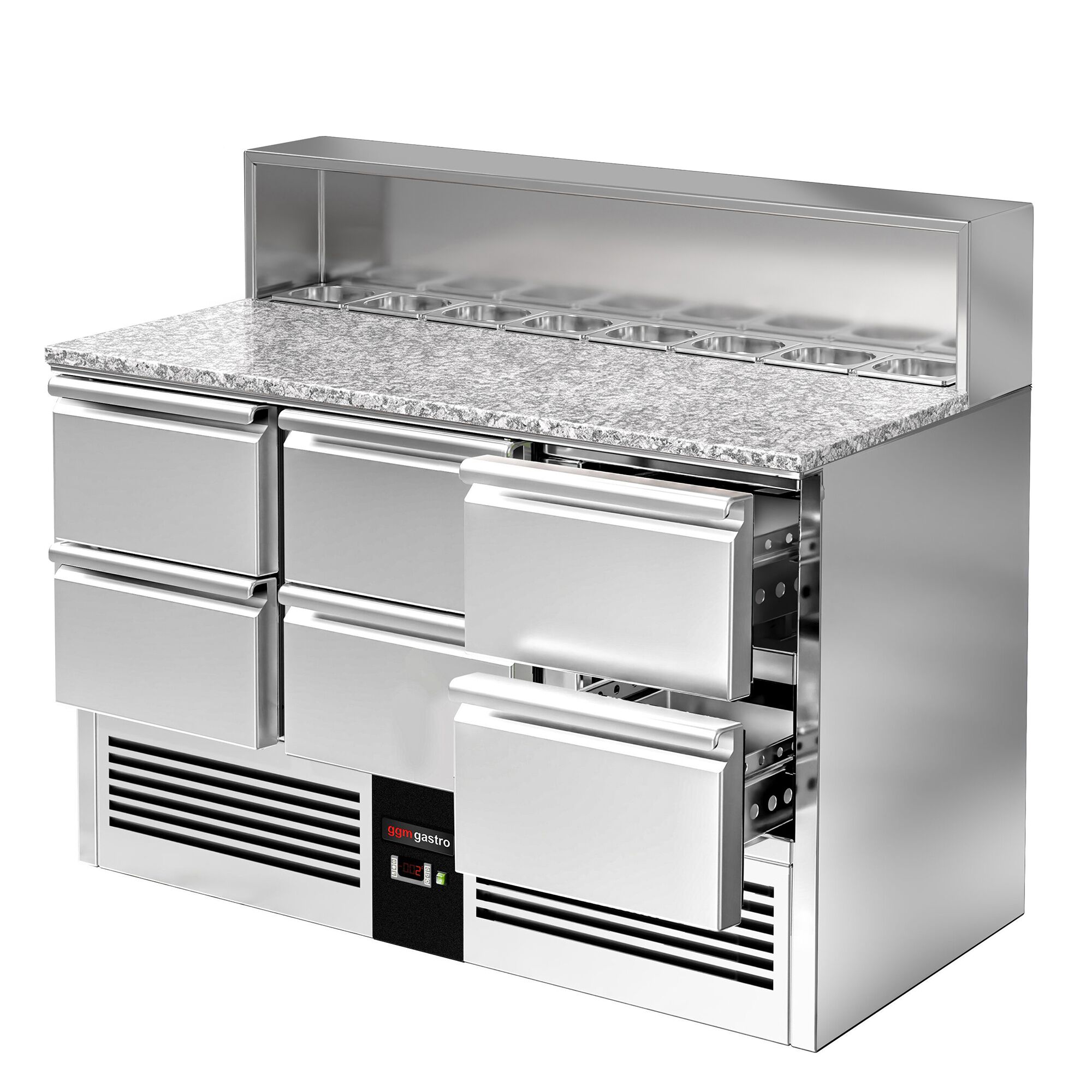 Saladette réfrigérée PREMIUM - 1368mm - 402L - 6 tiroirs - avec découpe pour 8x GN 1/6 & Couvercle inox - plan de travail en granit noir