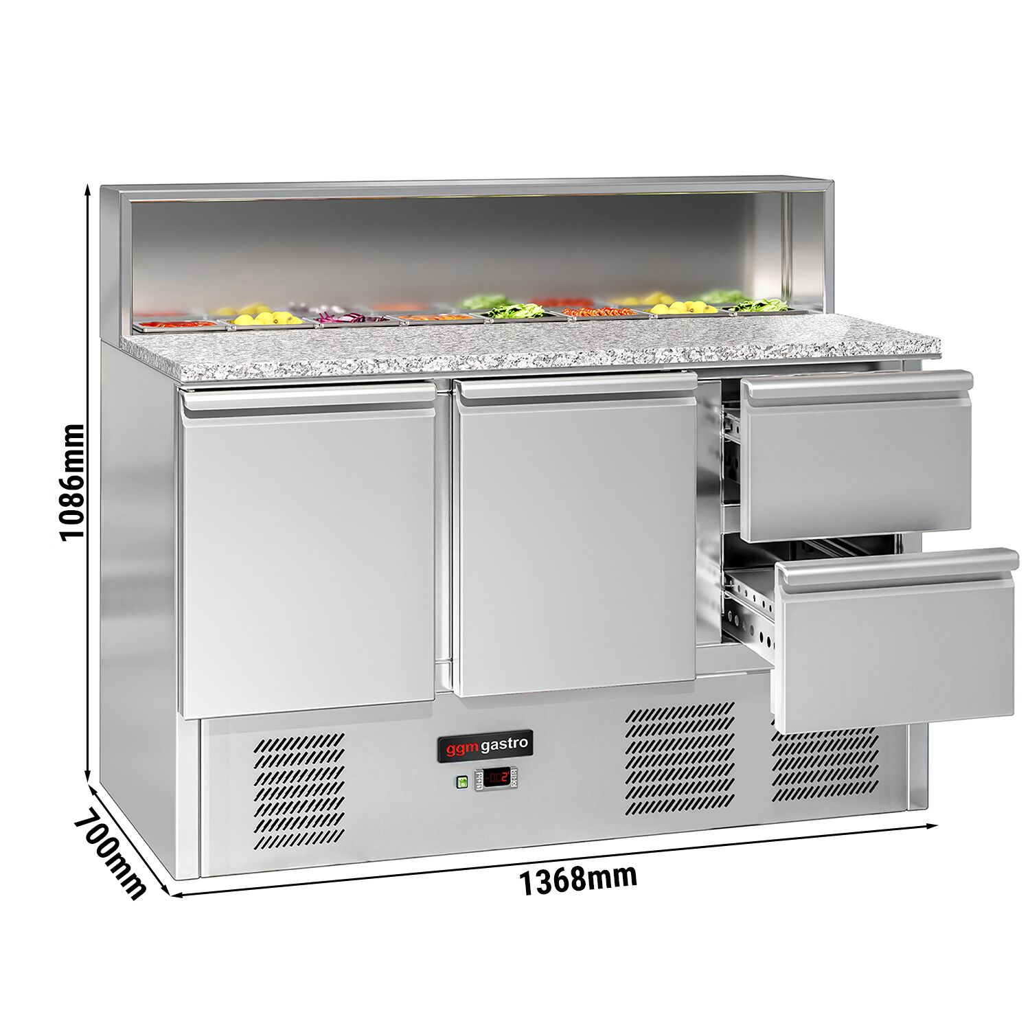 Saladette réfrigérée ECO - 1368mm - 402L - 2 portes & 2 tiroirs - pour 8x GN 1/6 - plan de travail en granit noir