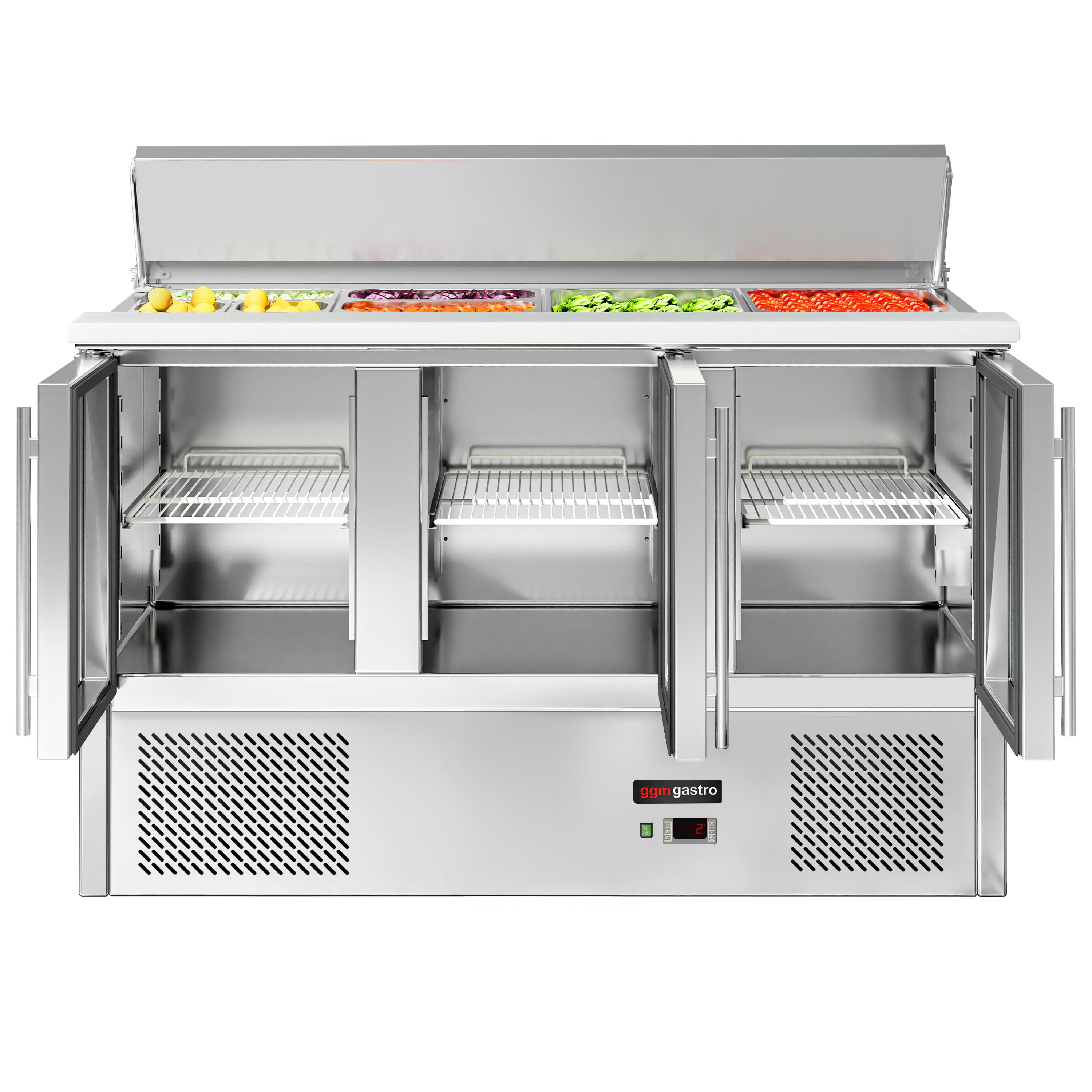 Saladette réfrigérée ECO - 1368mm - 368L - 3 portes vitrées - avec découpe pour 4x GN 1/1 & Couvercle inox