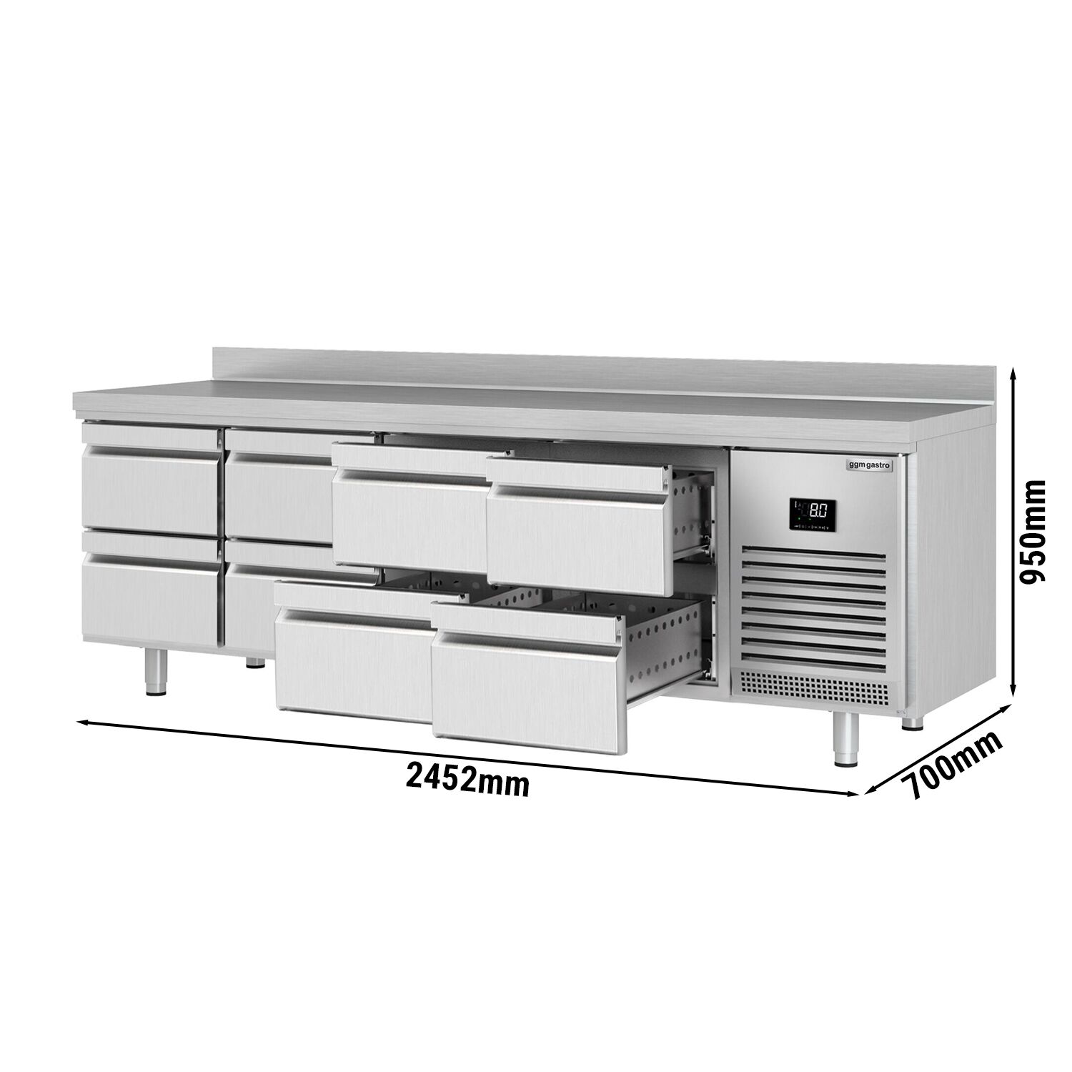 Table réfrigérée Premium PLUS - 2452 x 700 mm - 8 tiroirs - avec dosseret