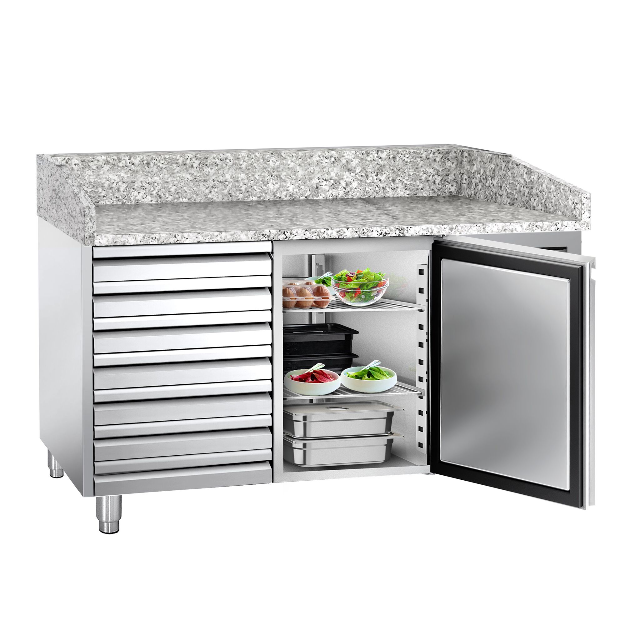 Commercial Pizza Prep Counter - Granite Top ECO - 1500x800mm - with 1 doors & 7 drawers