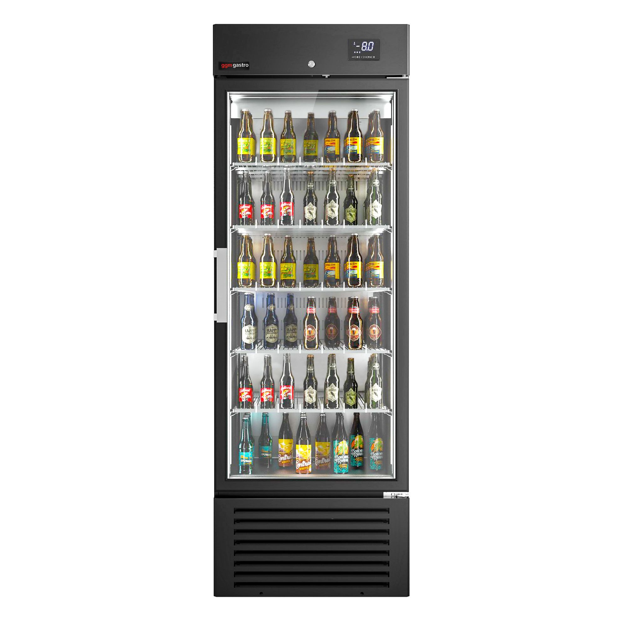 SUPERCOOLER | Commercial Beverage Display Fridge - 687mm - 500 Litres - stainless steel interior - with 1 hinged glass door - LED lighting - digital controller with temperature display - Temperature range -8 to 0 °C - Black