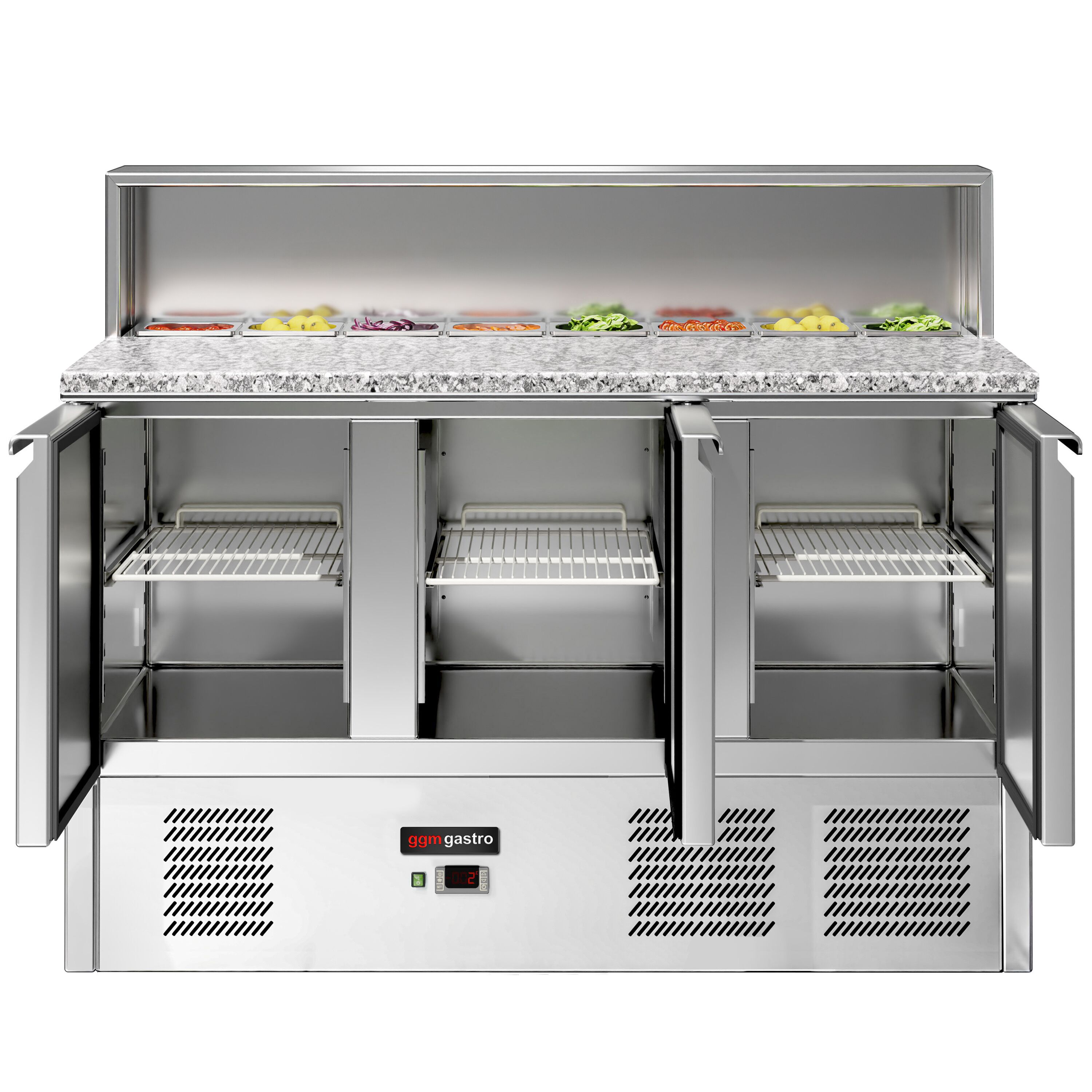 Saladette réfrigérée ECO - 1368mm - 402L - 3 portes - avec découpe pour 8x GN 1/6 & Couvercle inox - plan de travail en granit noir